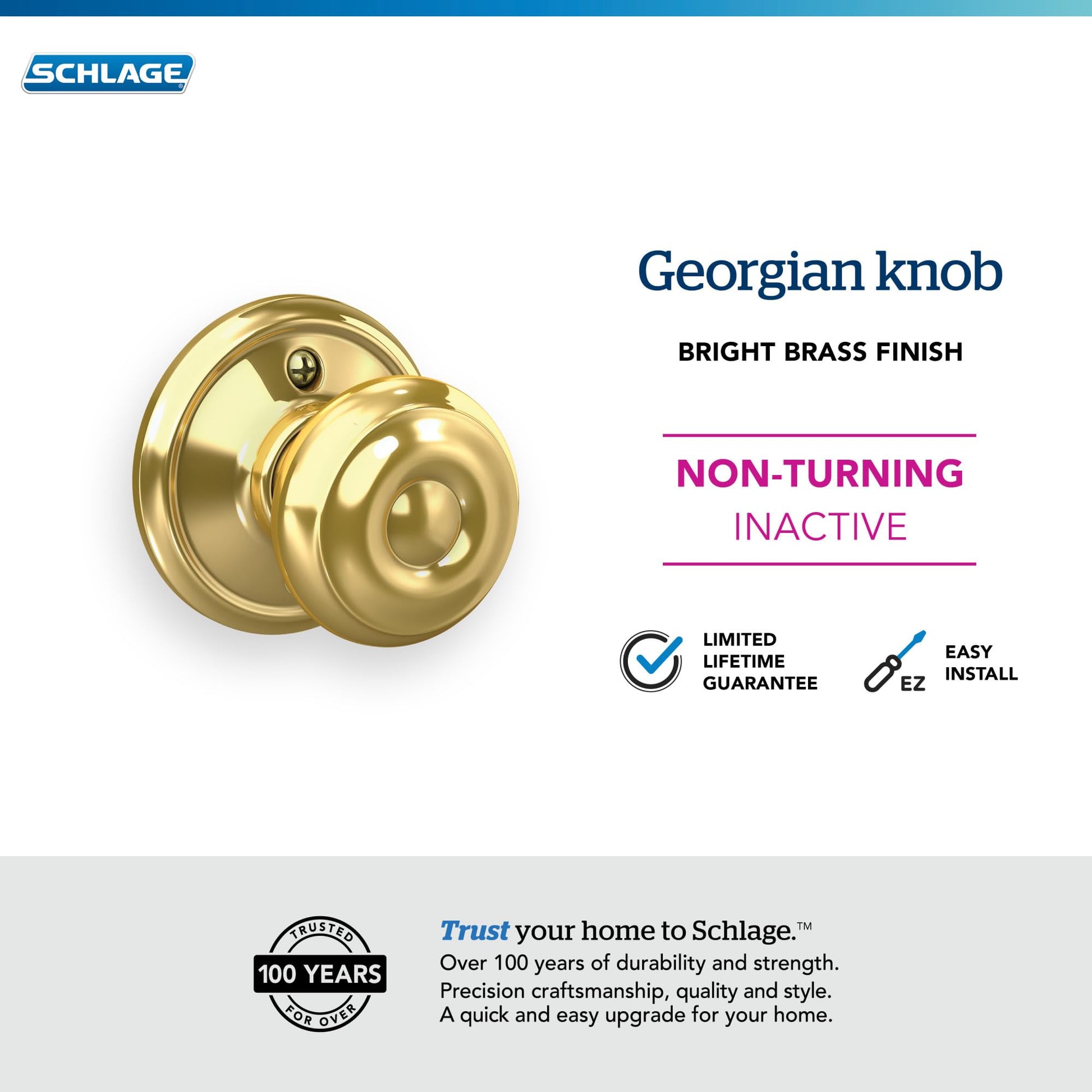 Schlage F170 GEO 605 Georgian Door Knob, One Sided Non-Turning Dummy Door Handle, Bright Brass