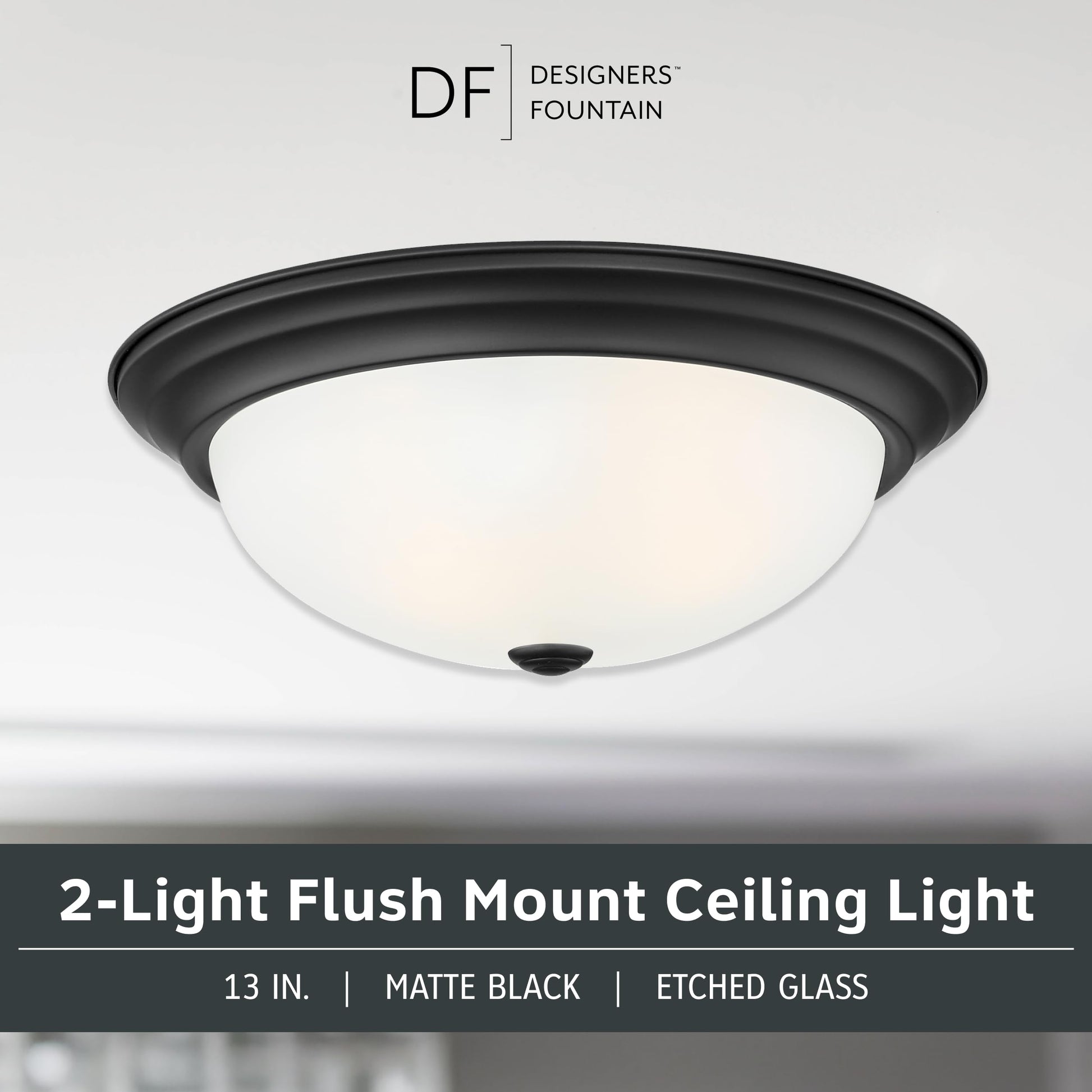 DESIGNERS FOUNTAIN Reedley 2-Lights Flush Mount Ceiling Light, 13 Inch Lighting Fixture for Kitchen, Bedroom, Bathroom, and Hallway, Matte Black with Etched Glass, 1257M-MB-W