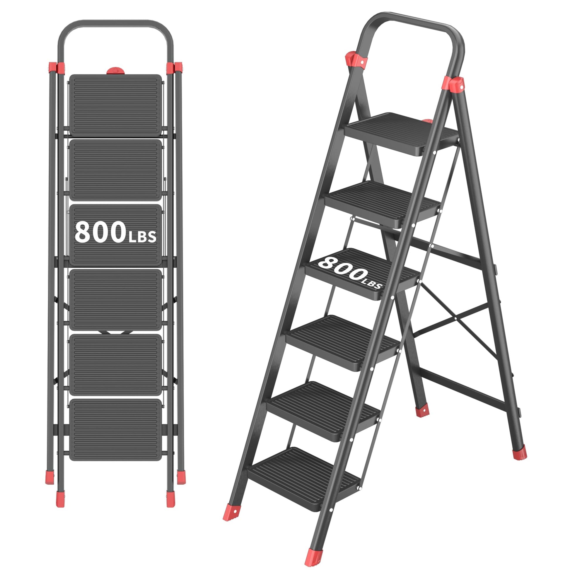 DIAMONDFORGE 6-Step Foldable Step Ladder Stool with Handle, Anti-Slip Wide Pedals & Feet, 800lbs Capacity, Sturdy Stepstool Folding for Adults in Home & Kitchen Use - Black Red