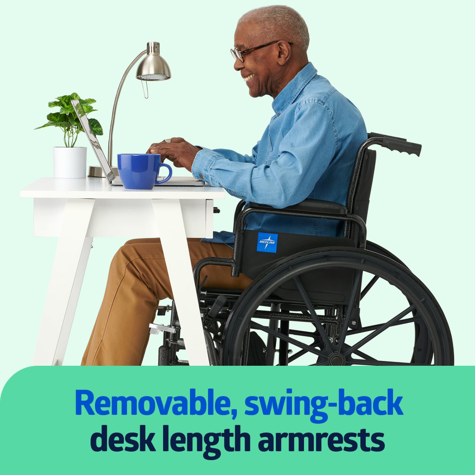 Medline Lightweight Wheelchair for Adults With Swing-Back, Desk-Length Arms, Elevating Leg Rests; 20" x 16"D Seat