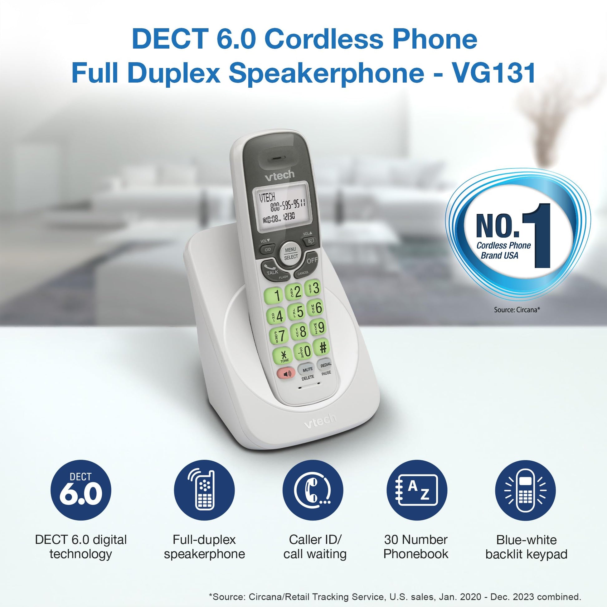 VTech Cordless Phone with DECT 6.0, Full-Duplex Speakerphone, Lighted Display, Backlit Keypad, Caller ID/Call Waiting, Volume Control, Hearing Aid Compatible, Wall Mount | VG131 (White)