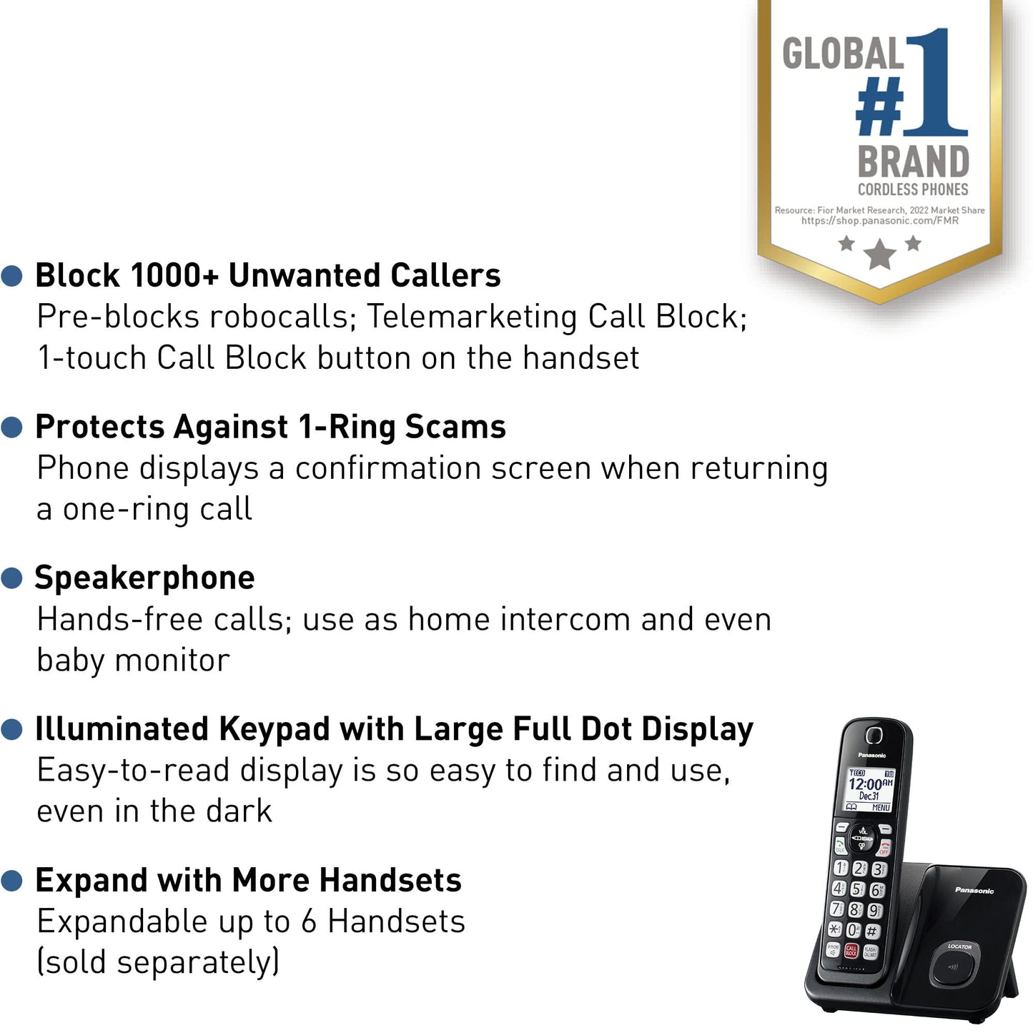 Panasonic Cordless Phone with Advanced Call Block, Bilingual Caller ID, Easy to Read Large High-Contrast Display, Expandable System with 1 Handset, KX-TGD810B (Black)
