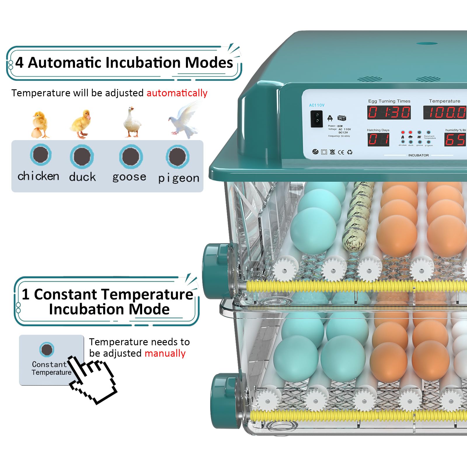 Chalixion Incubators for Hatching Eggs 120, Chicken Egg Incubator with Automatic Egg Turning and Humidity Display, Temperature Control with 5 Automatic Incubation Modes, Incubation Day Counter