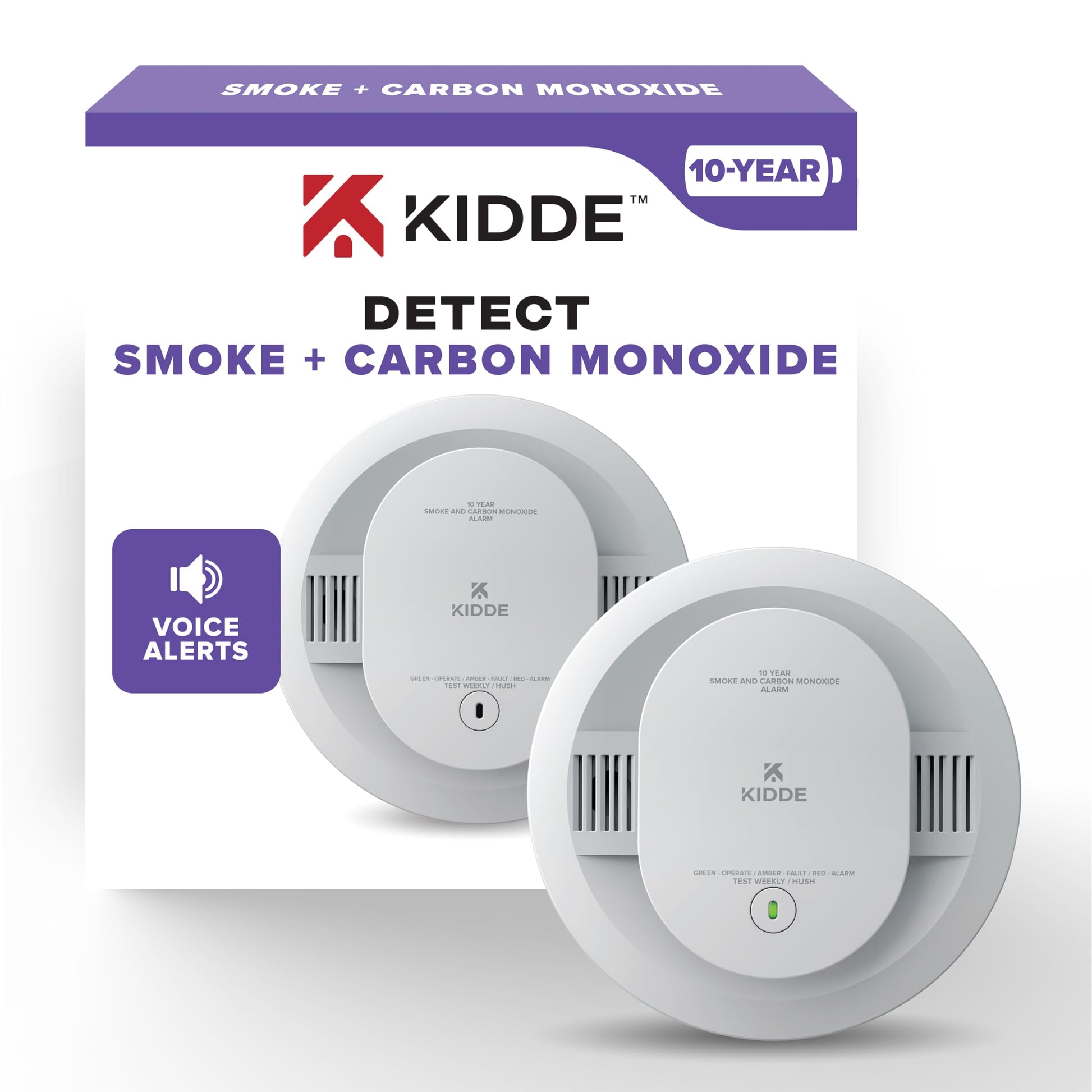 Kidde Smoke and Carbon Monoxide Detector, 10-Year Battery Powered, with Voice Alerts, LED Status Lights, 85 dB Alarm, 5 inches, 30CUD10-V, 1 Pack