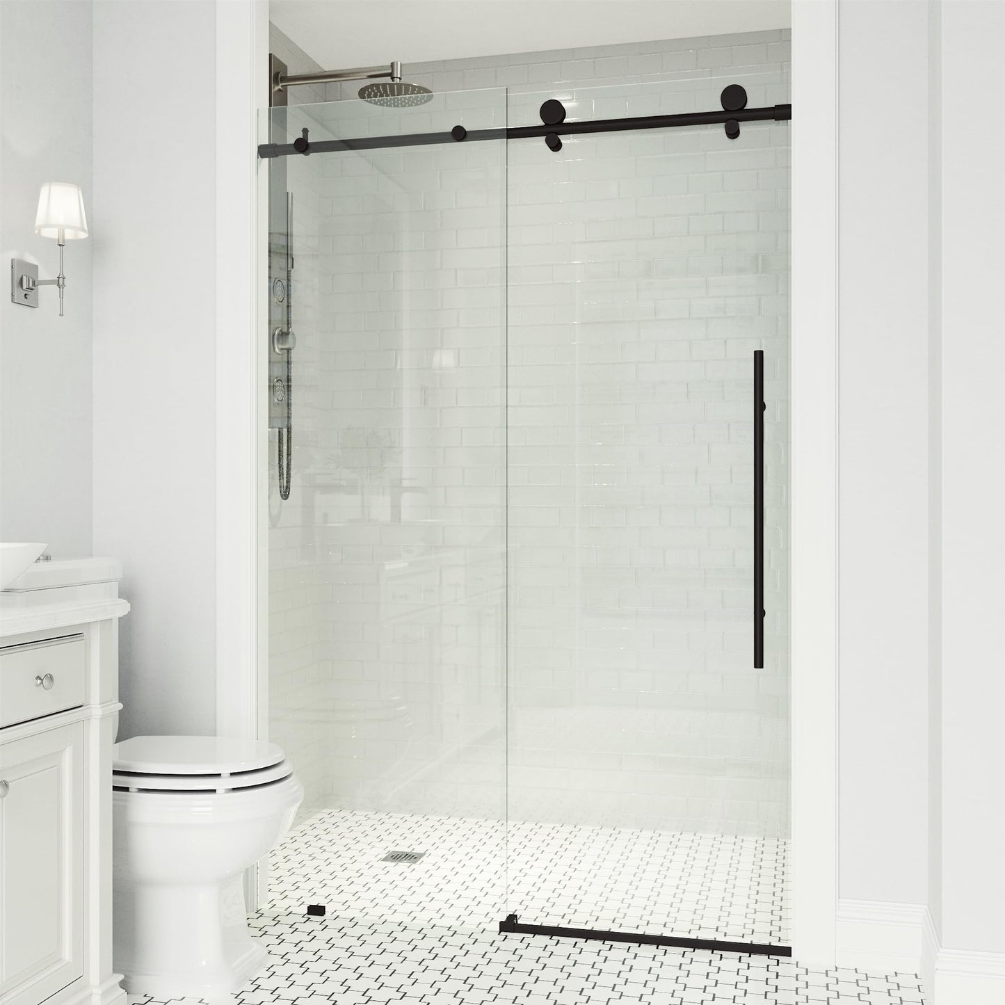 VIGO Elan E-Class 64 to 68 in. W x 76 in. H Sliding Frameless Shower Door in Matte Black with 3/8 in. Clear Glass-VG6021MBCL6876