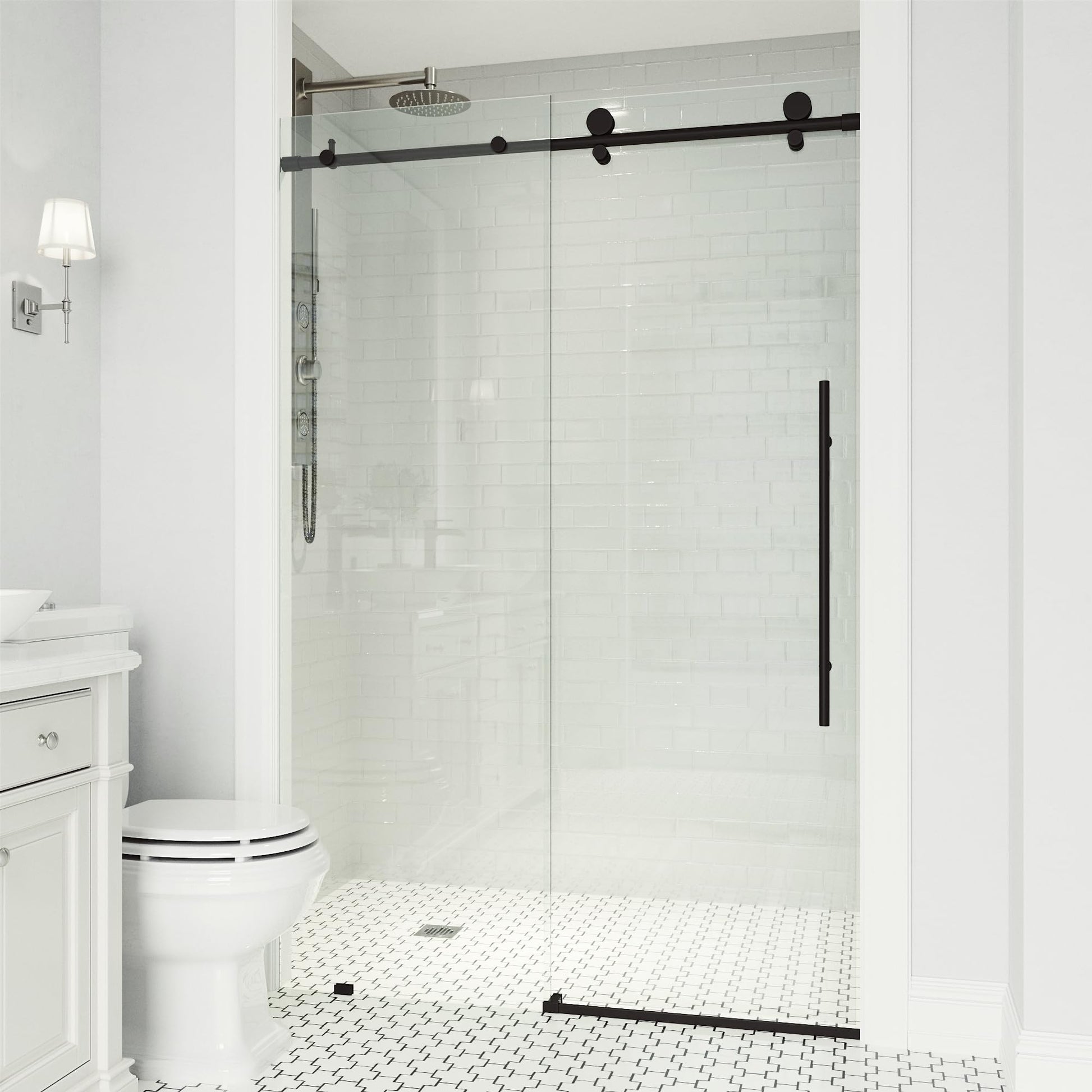 VIGO Elan E-Class 64 to 68 in. W x 76 in. H Sliding Frameless Shower Door in Matte Black with 3/8 in. Clear Glass-VG6021MBCL6876
