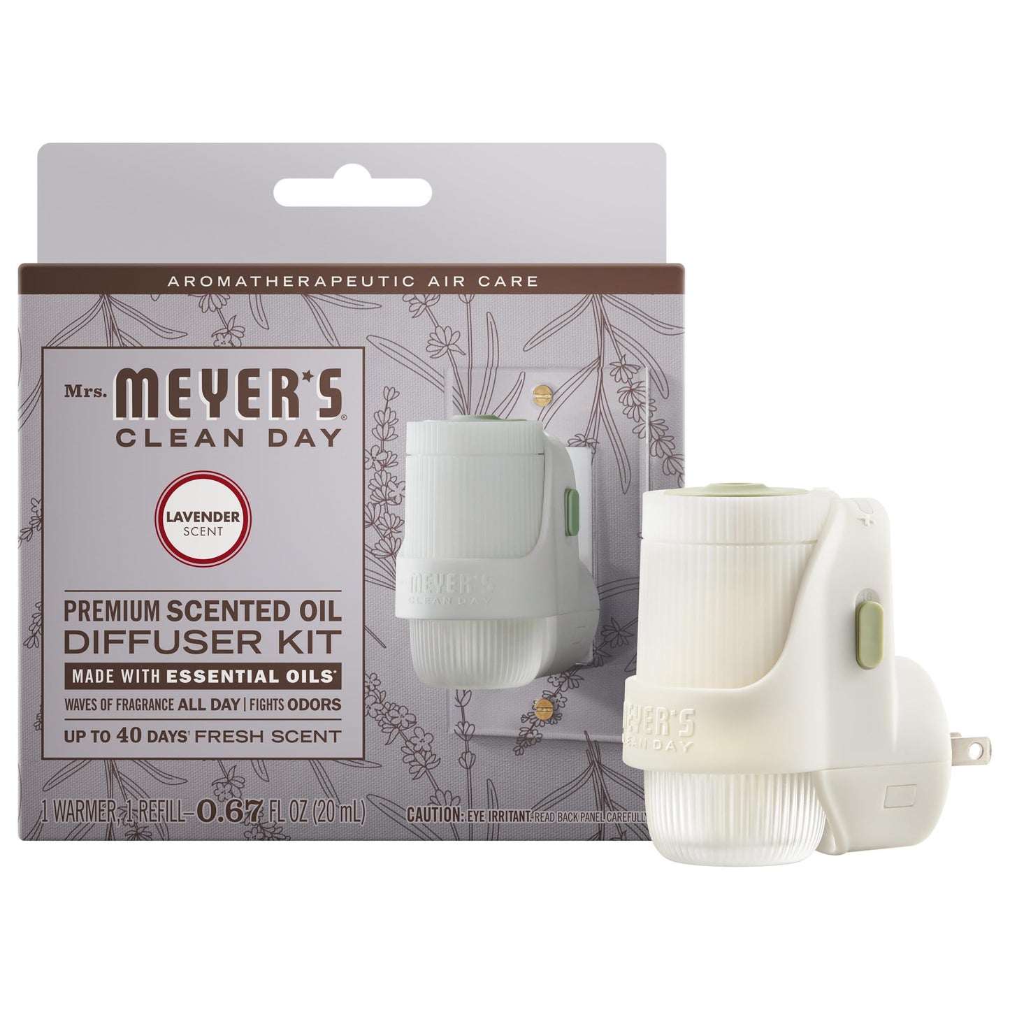MRS. MEYER'S CLEAN DAY Premium Scented Oil Diffuser Kit, Lavender, 1 warmer and .67 fl oz refill