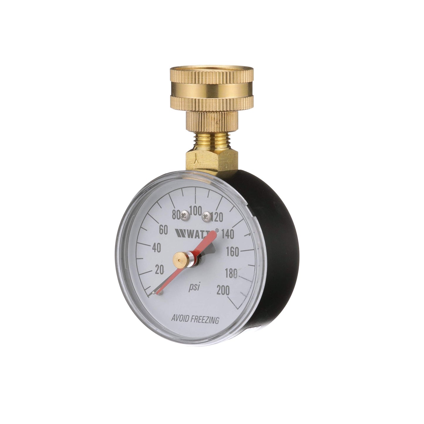Watts 2-1/2" Hose Connection Water Pressure Test Gauge, 3/4" (20 mm) HT Hose Connection, Copper Alloy, Black Enamel Steel Case, Red Indicator Hands, ASME Type B Accuracy
