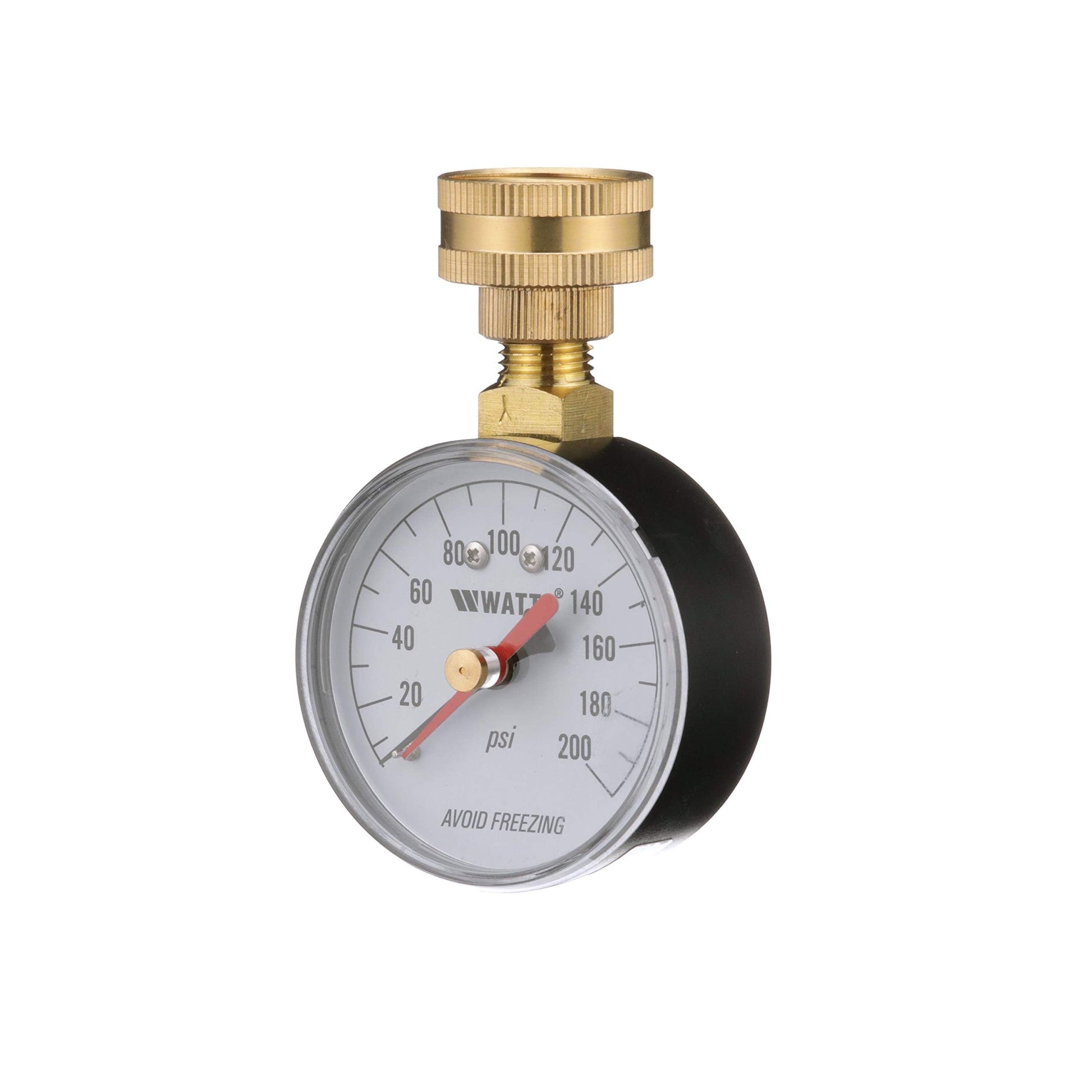 Watts 2-1/2" Hose Connection Water Pressure Test Gauge, 3/4" (20 mm) HT Hose Connection, Copper Alloy, Black Enamel Steel Case, Red Indicator Hands, ASME Type B Accuracy