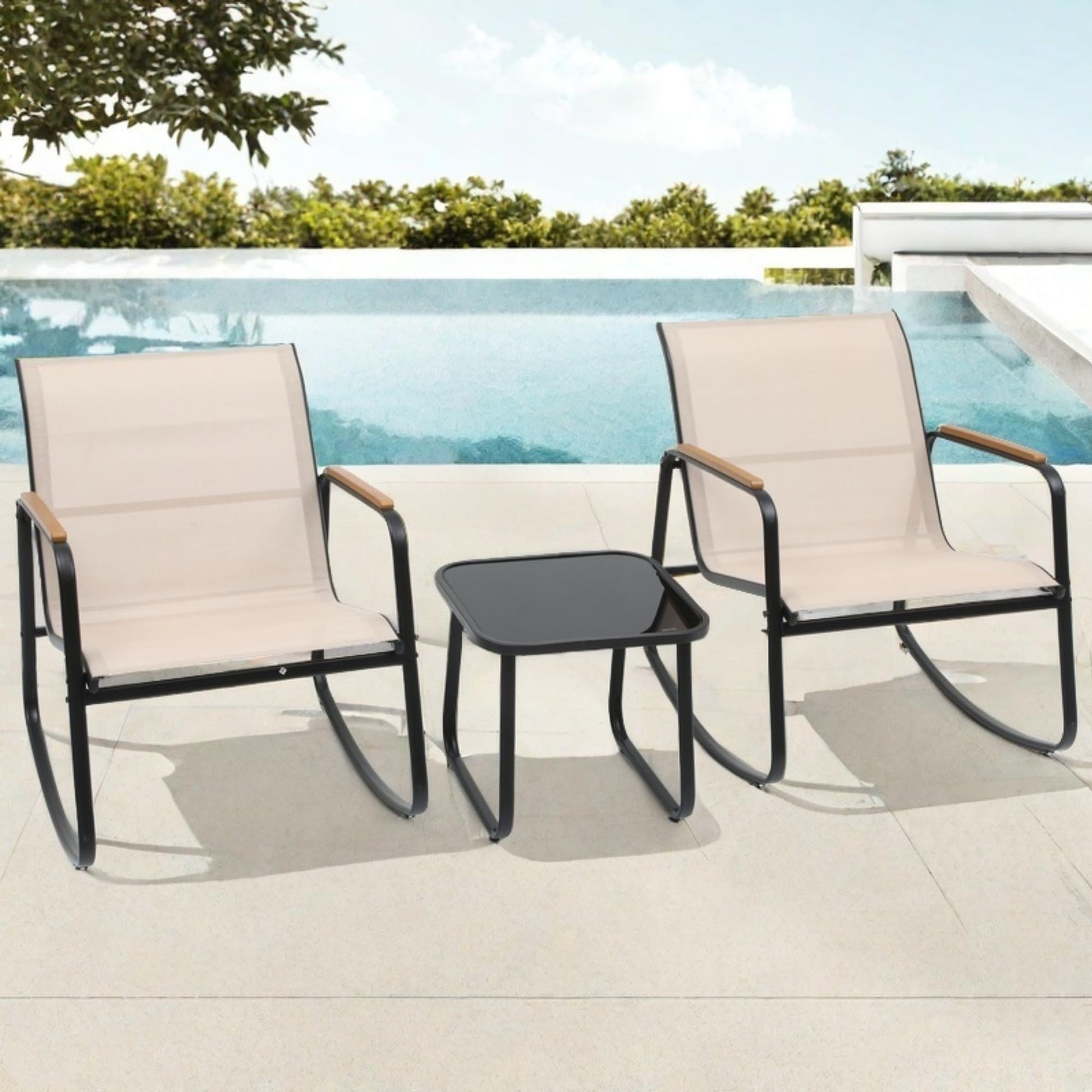 DWVO Patio Rocking Bistro Set, 3 Piece Durable Textilene Outdoor Furniture Set, Wooden Armrest Rocker Chairs & Glass Table for Garden, Balcony & Poolside, Beige