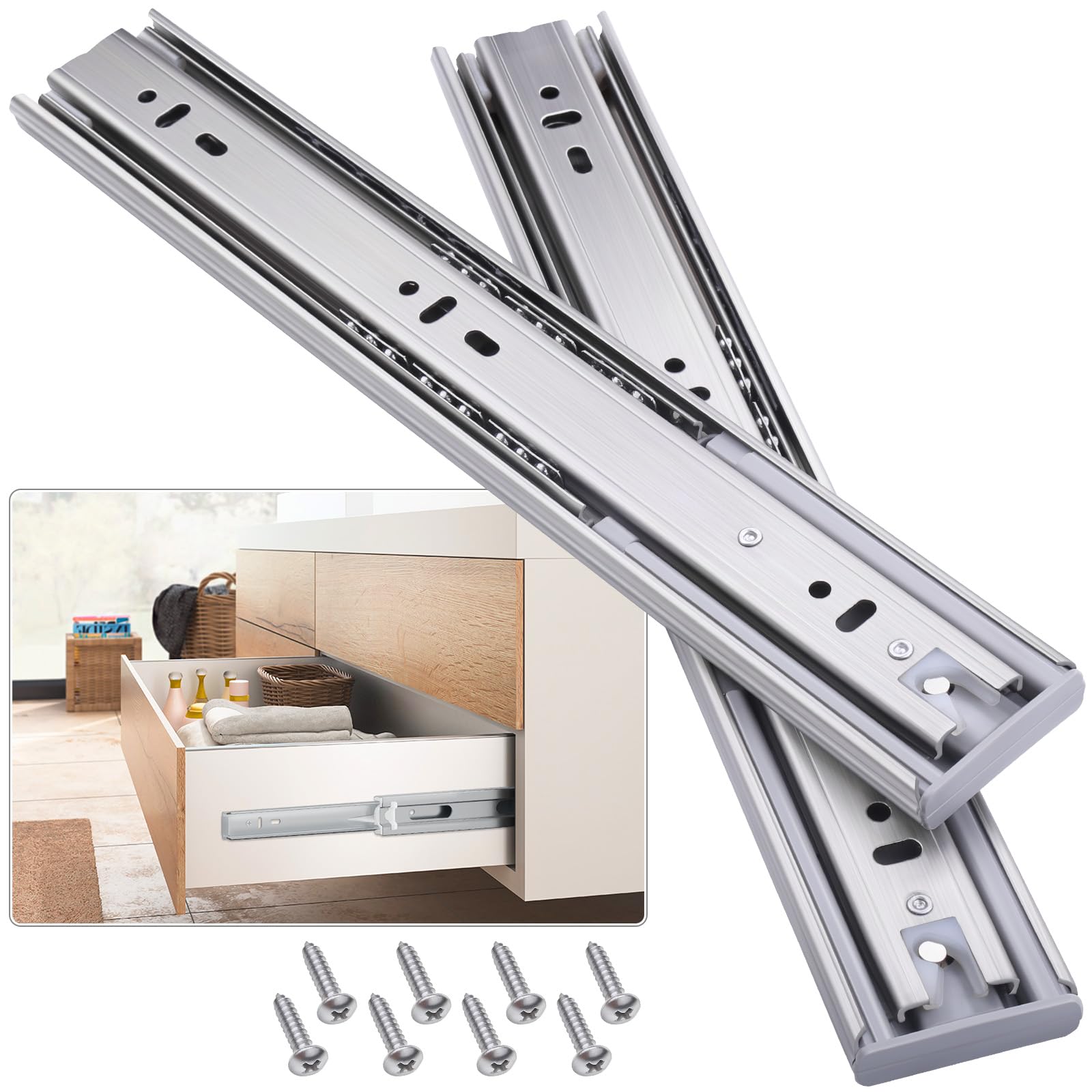 VAGUDE Soft Close Stainless Steel Drawer Slides 1 Pair Full Extension 10 12 14 16 18 20 22 24 inch Side Mount Dresser Cabinet Replacement Ball Bearing Rails Runner 100LB