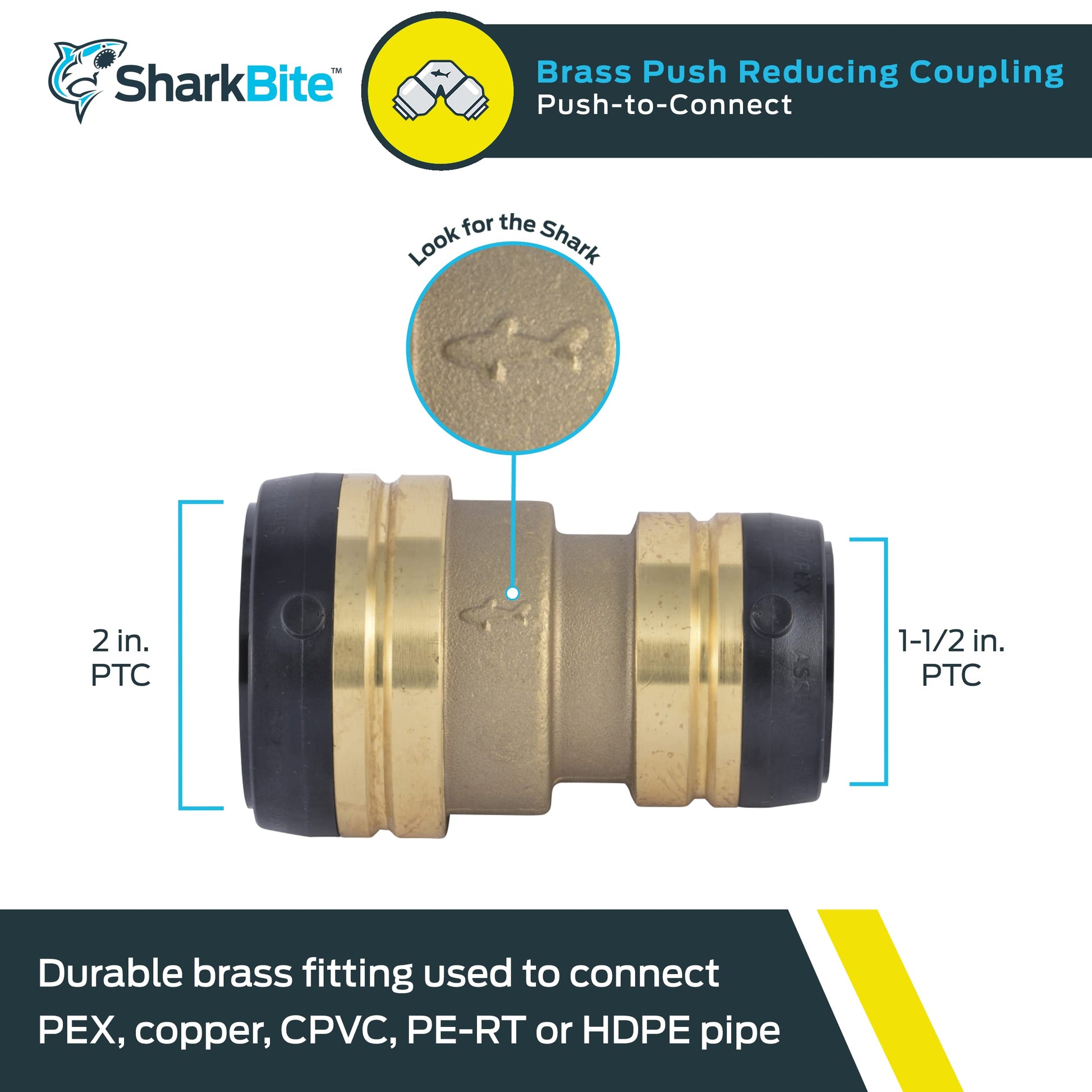 SharkBite 2 Inch x 1-1/2 Inch Reducing Coupling, Push to Connect Brass Plumbing Fitting, PEX Pipe, Copper, CPVC, PE-RT, HDPE, UXL015441
