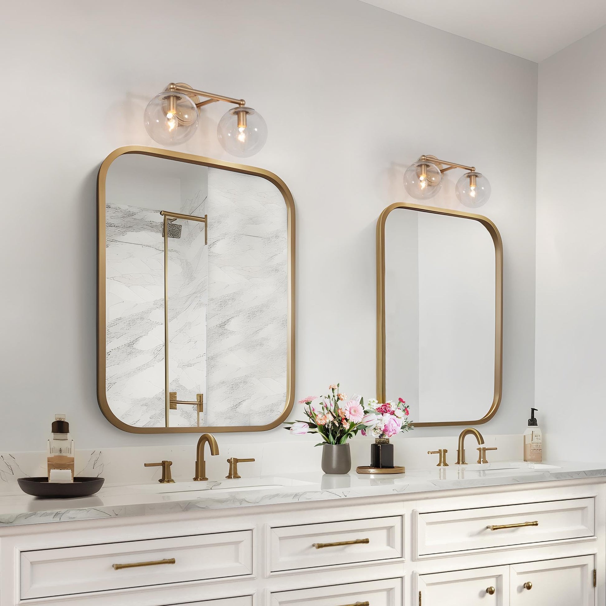 Gold Modern Vanity Lighting with Clear Glass Shade - 2 Light Bathroom Vanity Sconce