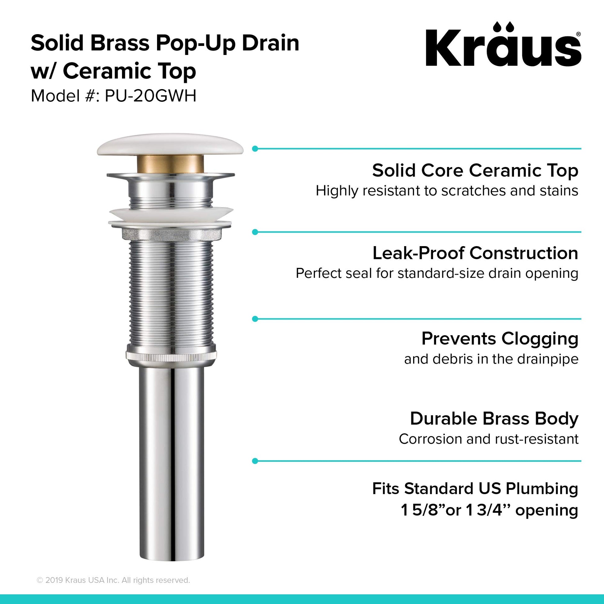 KRAUS PU-20GWH Gloss White Pop-Up Drain with Porcelain Ceramic Top for Bathroom Sink without Overflow
