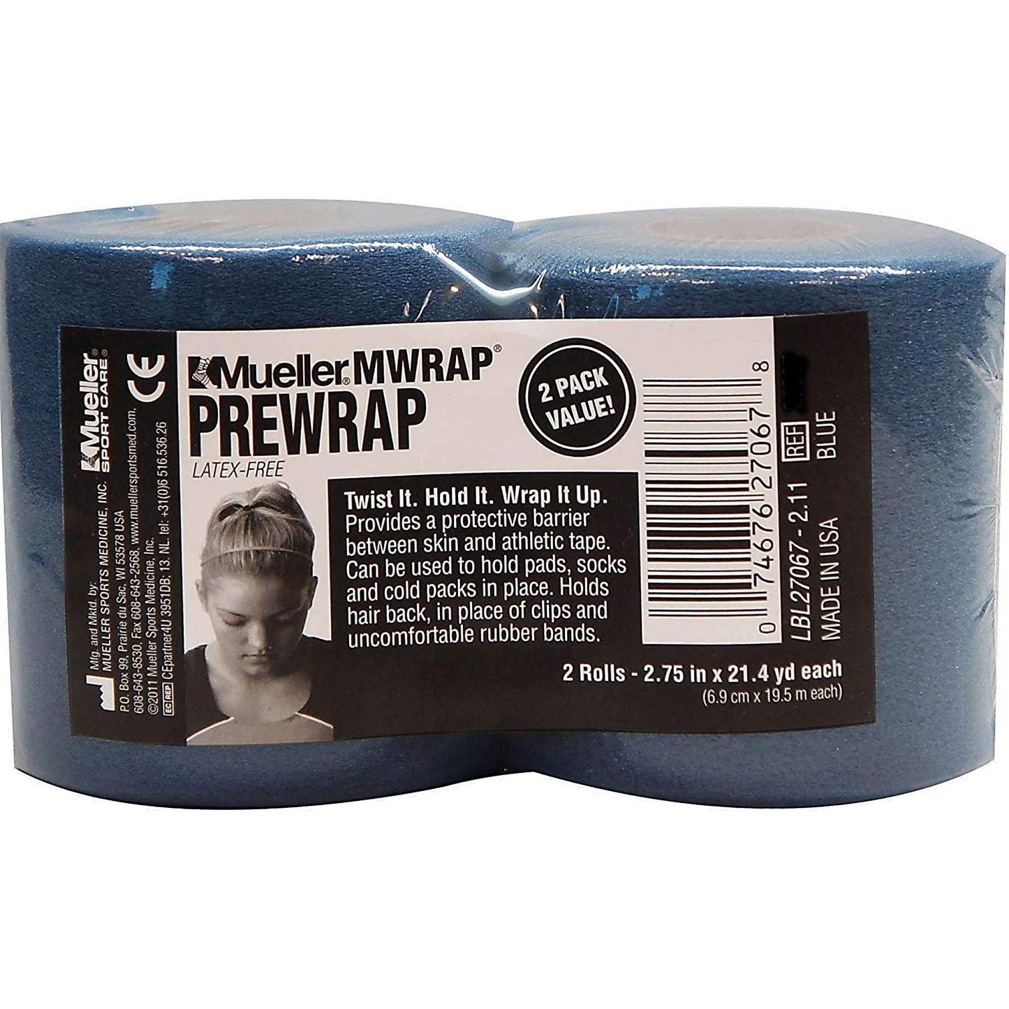 Mueller Sports Medicine MWrap, Pre Wrap, Athletic Tape Underwrap for Sports, Hair, Ankles, Wrist, Hands and Knees, Water-Resistant, Latex Free, 2.75" x 21.4 Yards Per Roll, 2 Rolls, Navy Blue