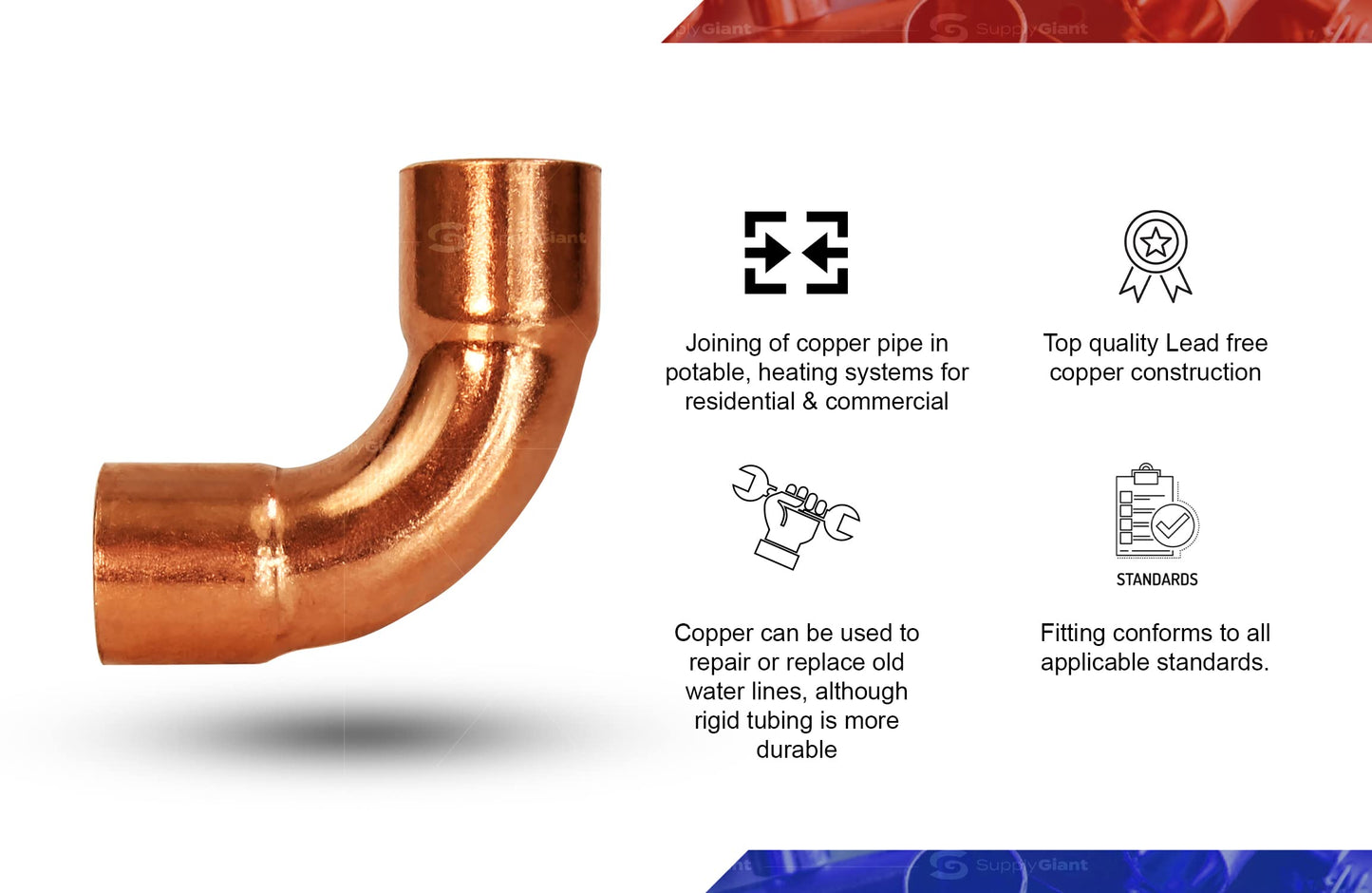 SUPPLYGIANT DDMU0034-5 90 degrees Long Turn Sweat Elbow Copper Fittings, 3/4