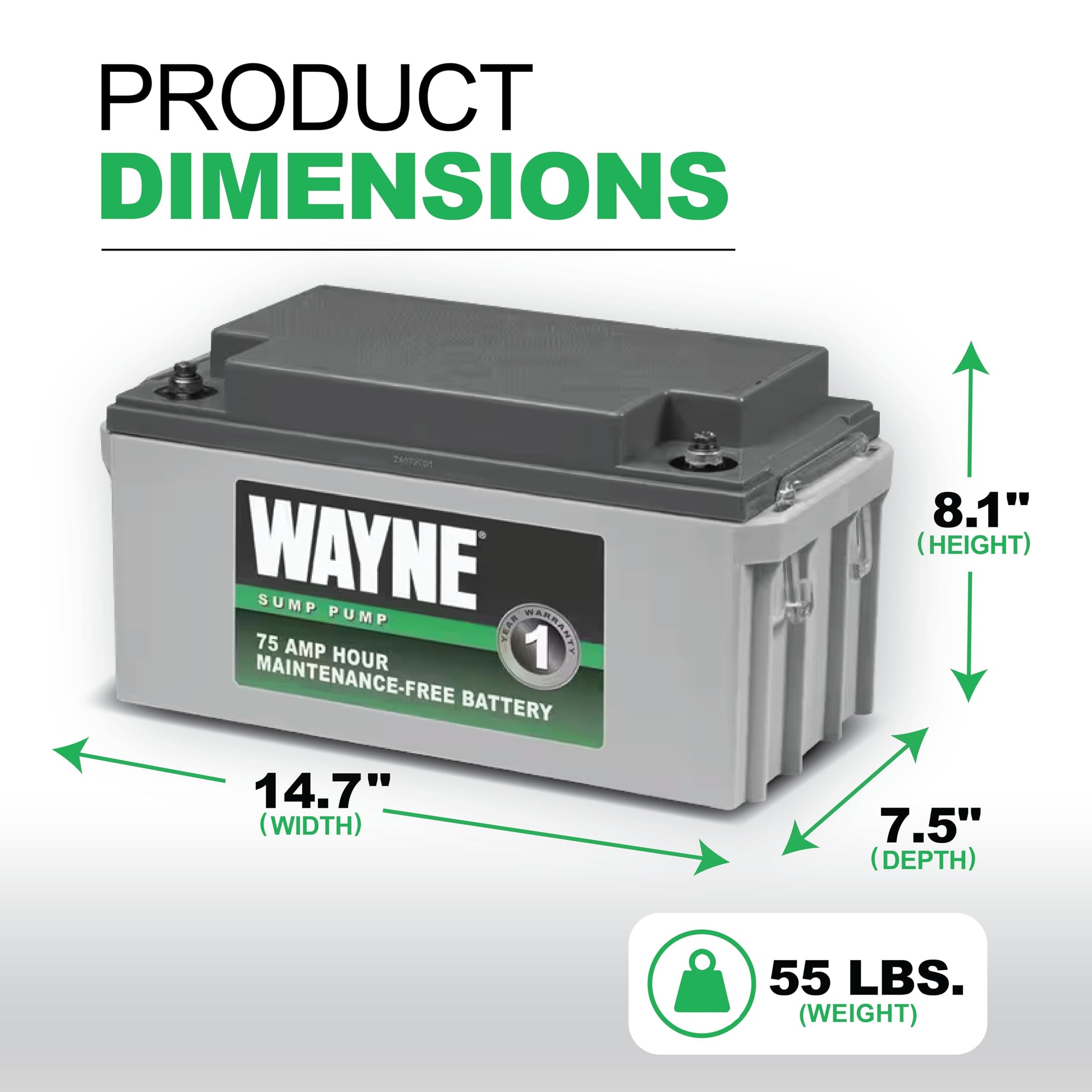 Wayne WSB1275 75Ah Maintenance-Free Battery Recommended ESP25, WSS30VN Basement Guardian