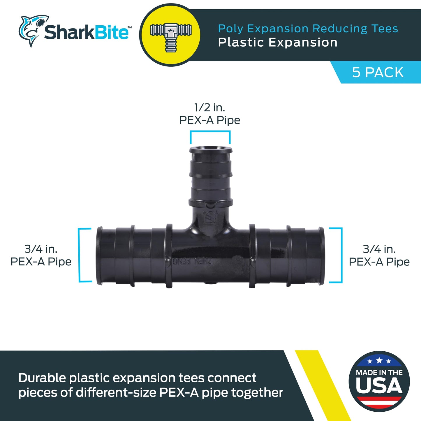 SharkBite 3/4 Inch x 3/4 Inch x 1/2 Inch Poly Expansion Reducing Tee for PEX-A Pipe, Pack of 5, Plastic Plumbing Fittings, Reducing Tee for PEX-A Tubing, UA412A5