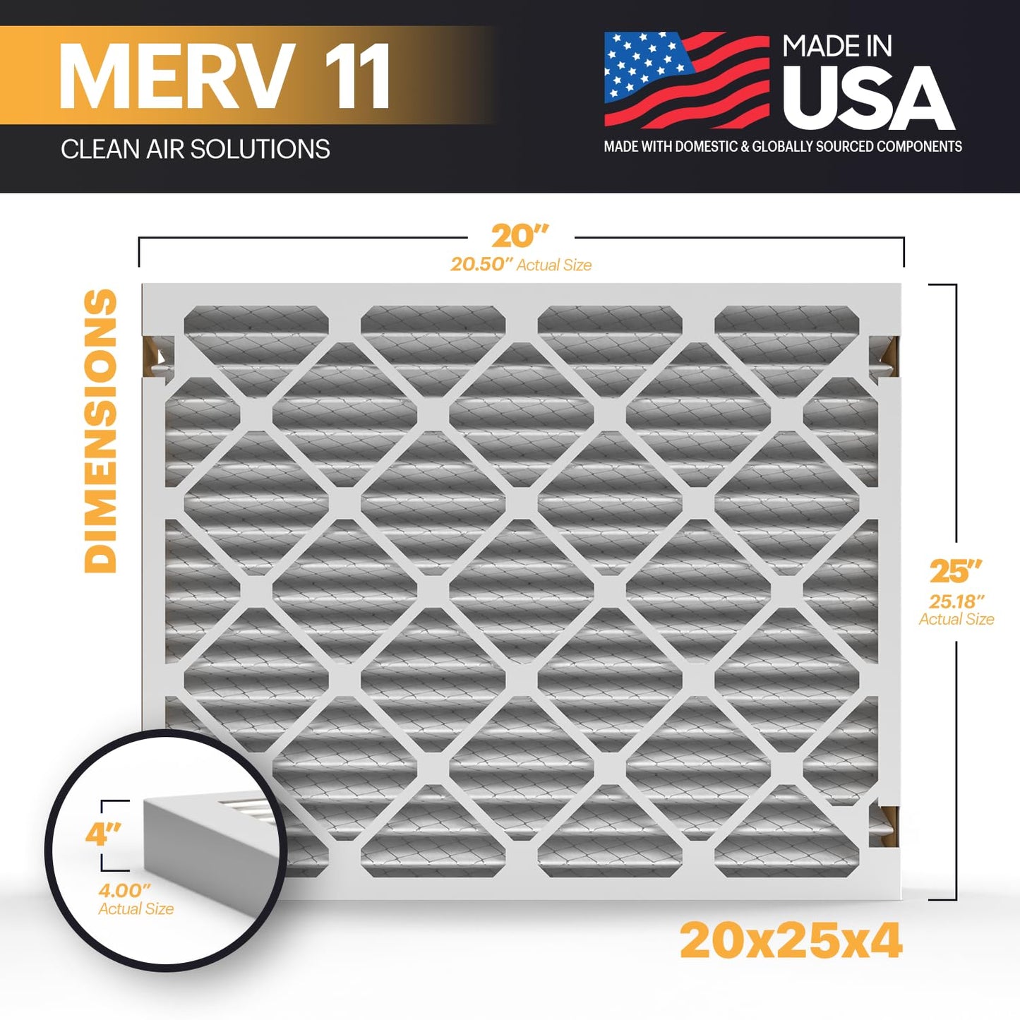 BNX TruFilter 20x25x4 Air Filter MERV 11 (20.50’’ x 25.18’’ x 4.00‘’ (Compatible with Aprilaire 210) (2-Pack) MADE IN USA Furnace Filters HVAC AC Furnace Filters for Allergy Dust, Pet, MPR 1200 FPR 7
