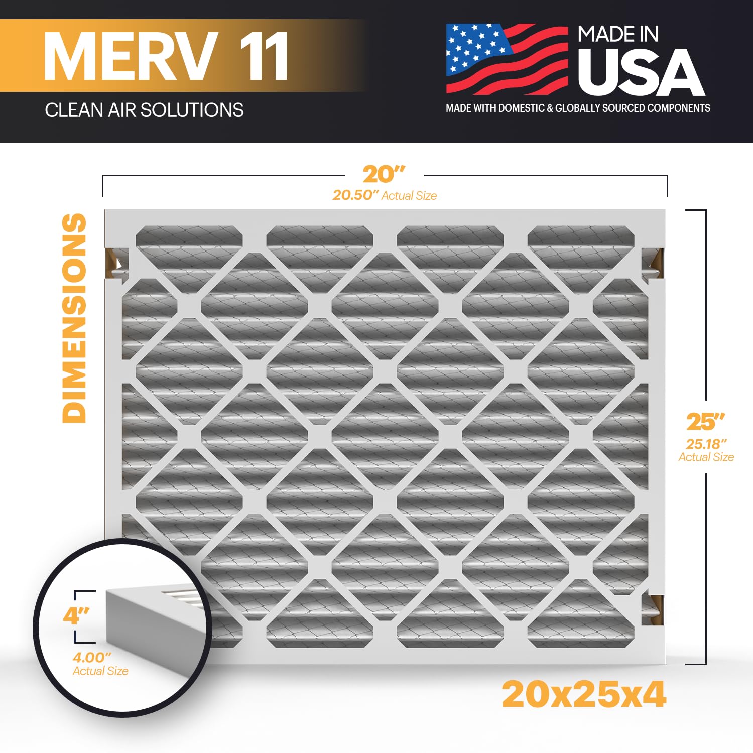 BNX TruFilter 20x25x4 Air Filter MERV 11 (20.50’’ x 25.18’’ x 4.00‘’ (Compatible with Aprilaire 210) (2-Pack) MADE IN USA Furnace Filters HVAC AC Furnace Filters for Allergy Dust, Pet, MPR 1200 FPR 7