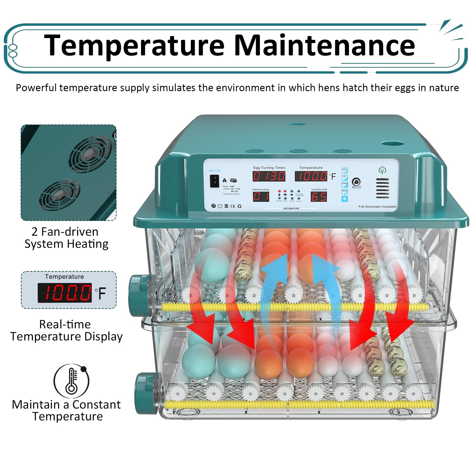 Chalixion Incubators for Hatching Eggs 120, Chicken Egg Incubator with Automatic Egg Turning and Humidity Display, Temperature Control with 5 Automatic Incubation Modes, Incubation Day Counter