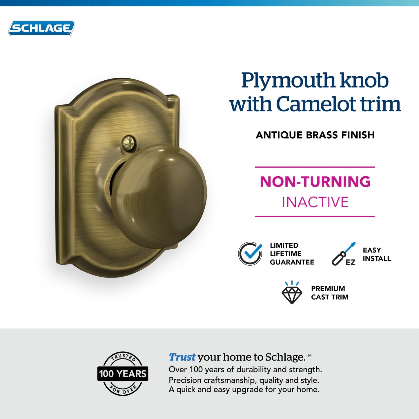 Schlage Plymouth Knob with Camelot Trim Non-Turning Lock, Antique Brass (F170 PLY 609 CAM)