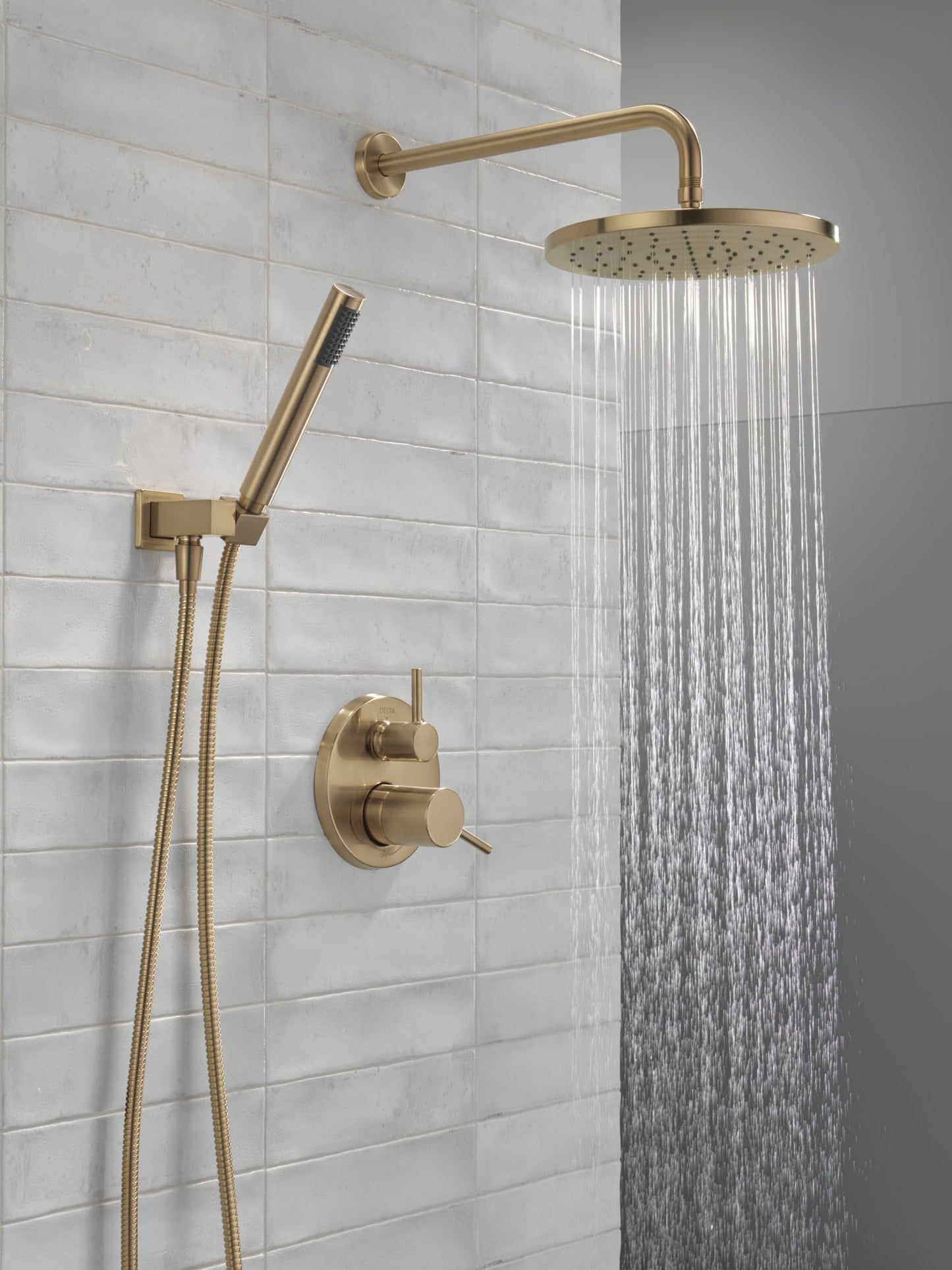 Delta Modern 14 Series Round Rain Shower System Faucet Set, Rainfall Brushed Gold Shower Head and Handle Set, Valve Trim Kit, 10 Inch, Champagne Bronze 342702-CZ