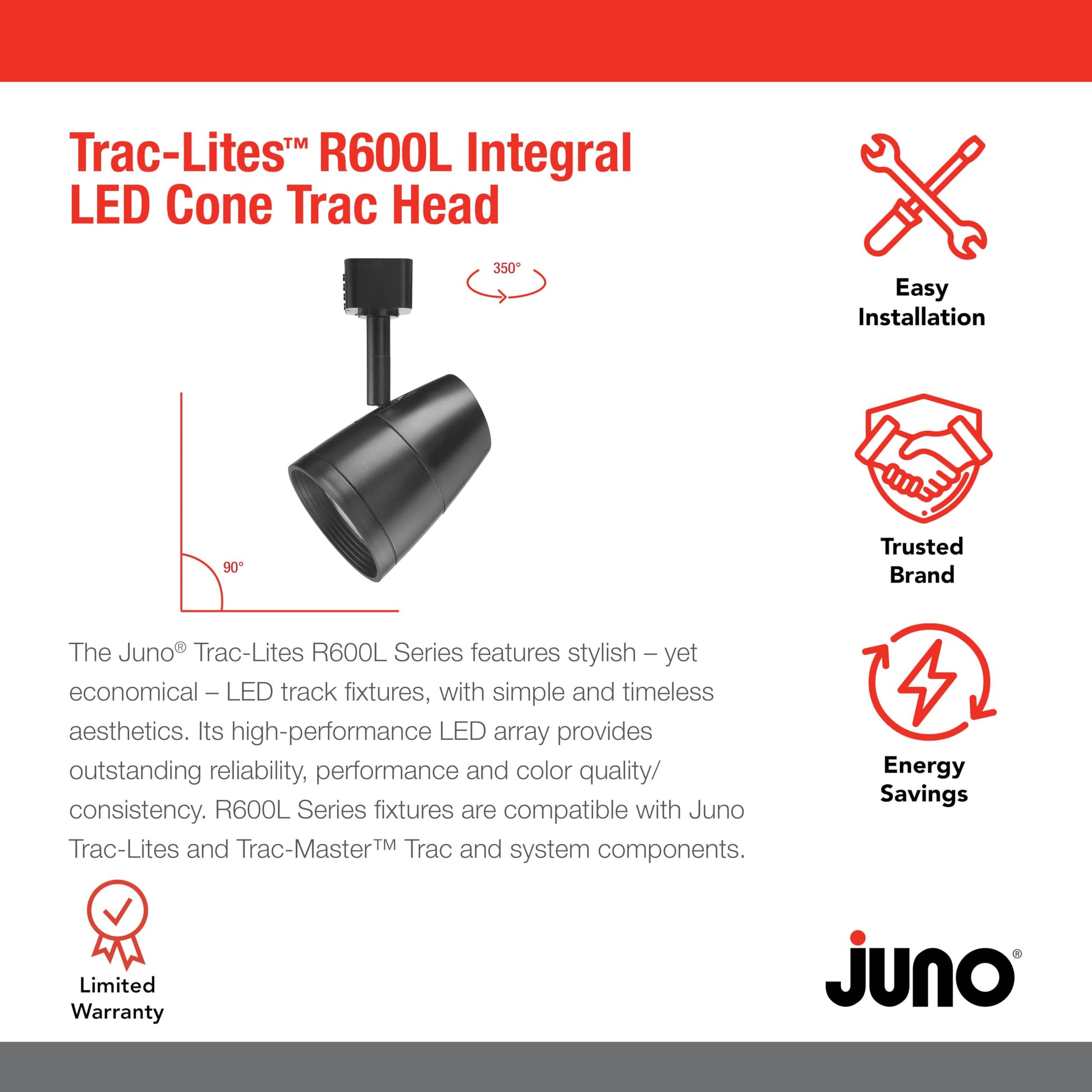 Juno Lighting R600L G2 3500K 80CRI PDIM FL BL Dimmable 9.5W LED Trac Head, 50W Equivalent, Black, Regular Flood Gen 2