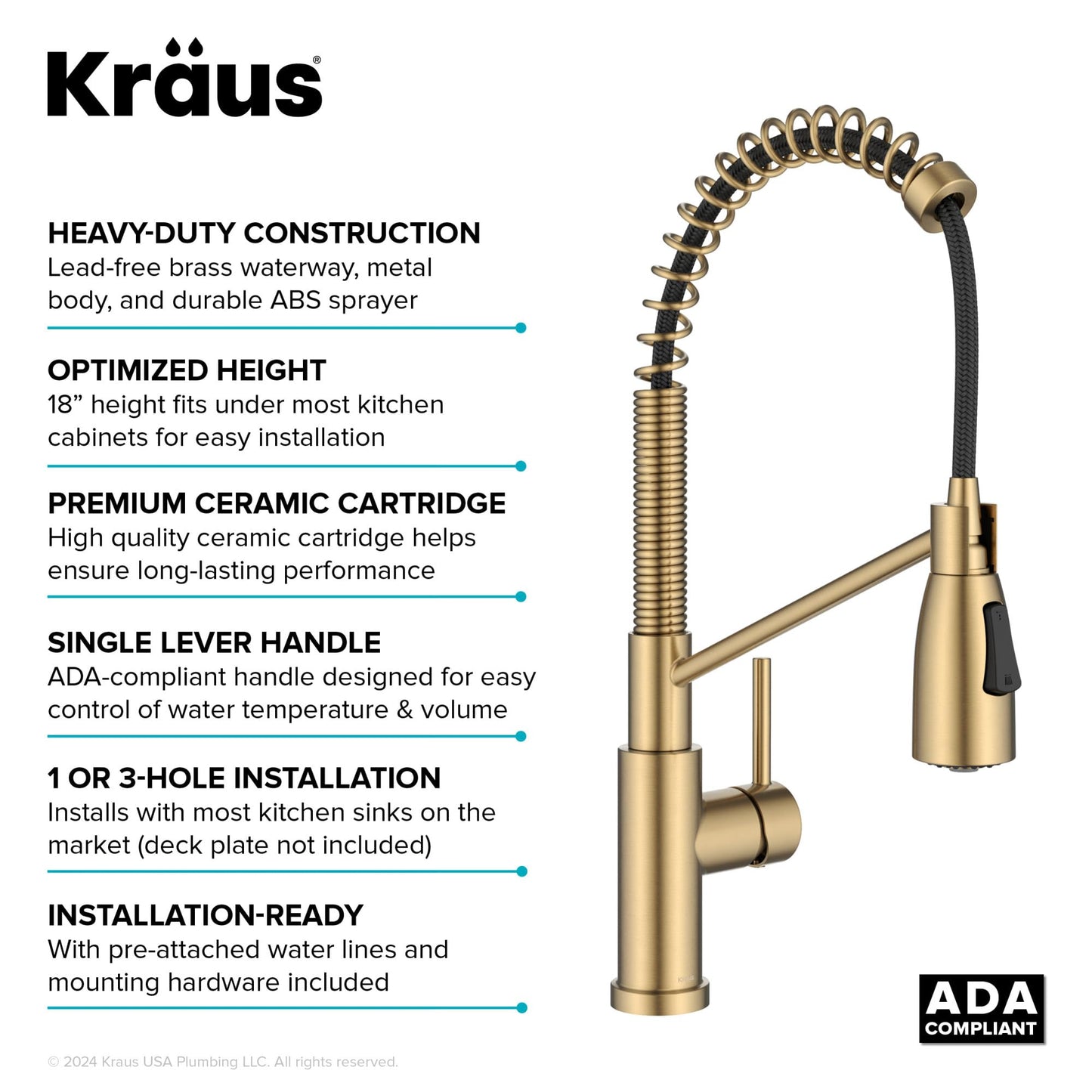 KRAUS Coda Commercial Style 2-Function Single Handle Pull Down Kitchen Faucet in Spot-Free Brushed Brass, KPF-1617BB