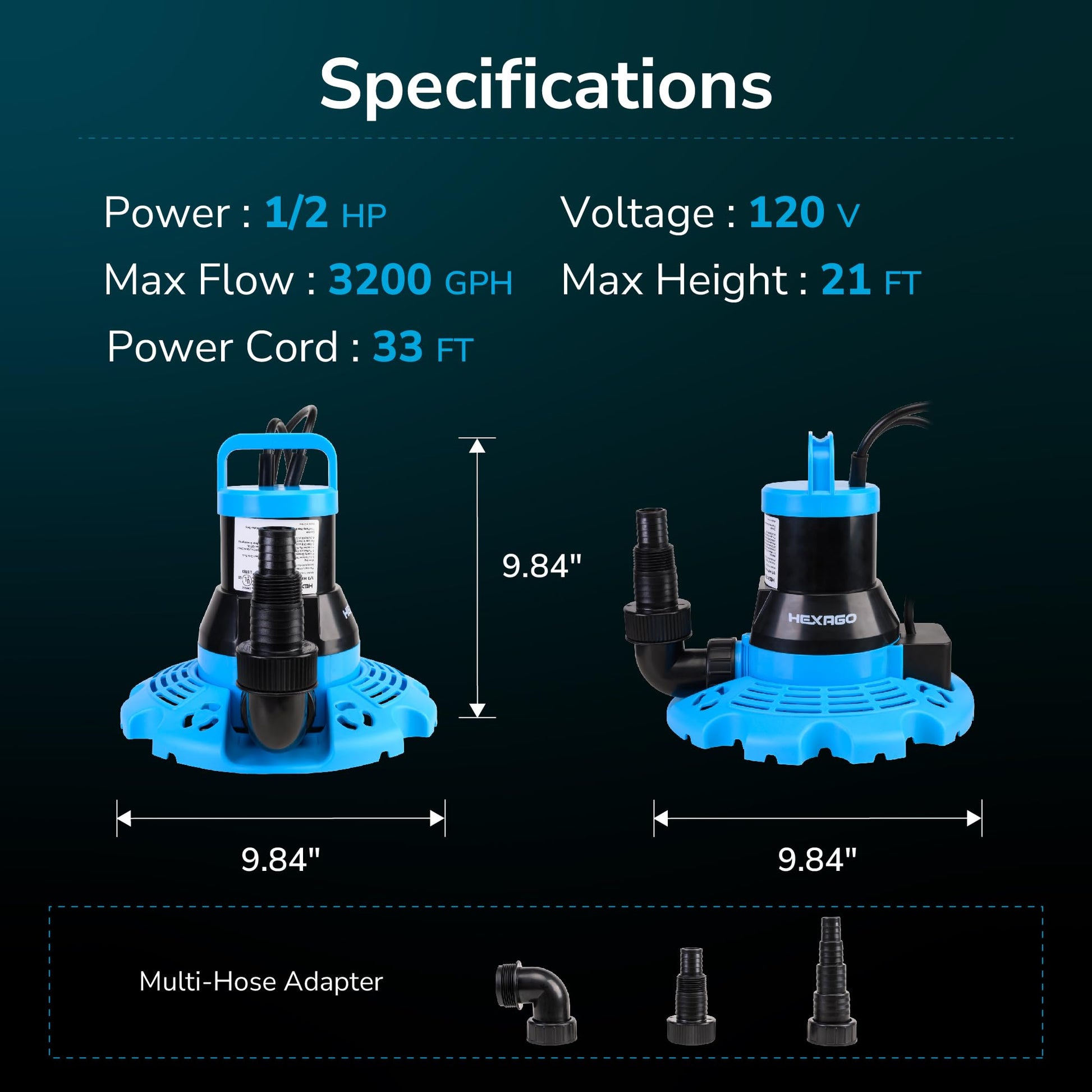 Hexago Automatic Swimming Pool Cover Pump, 1/3HP Submersible Water Pump with Check Valve Adapter & 33FT Power Cord, 2300GPH Water Removal Cover Pump for Pool, Hot Tubs, Rooftops and Water Beds