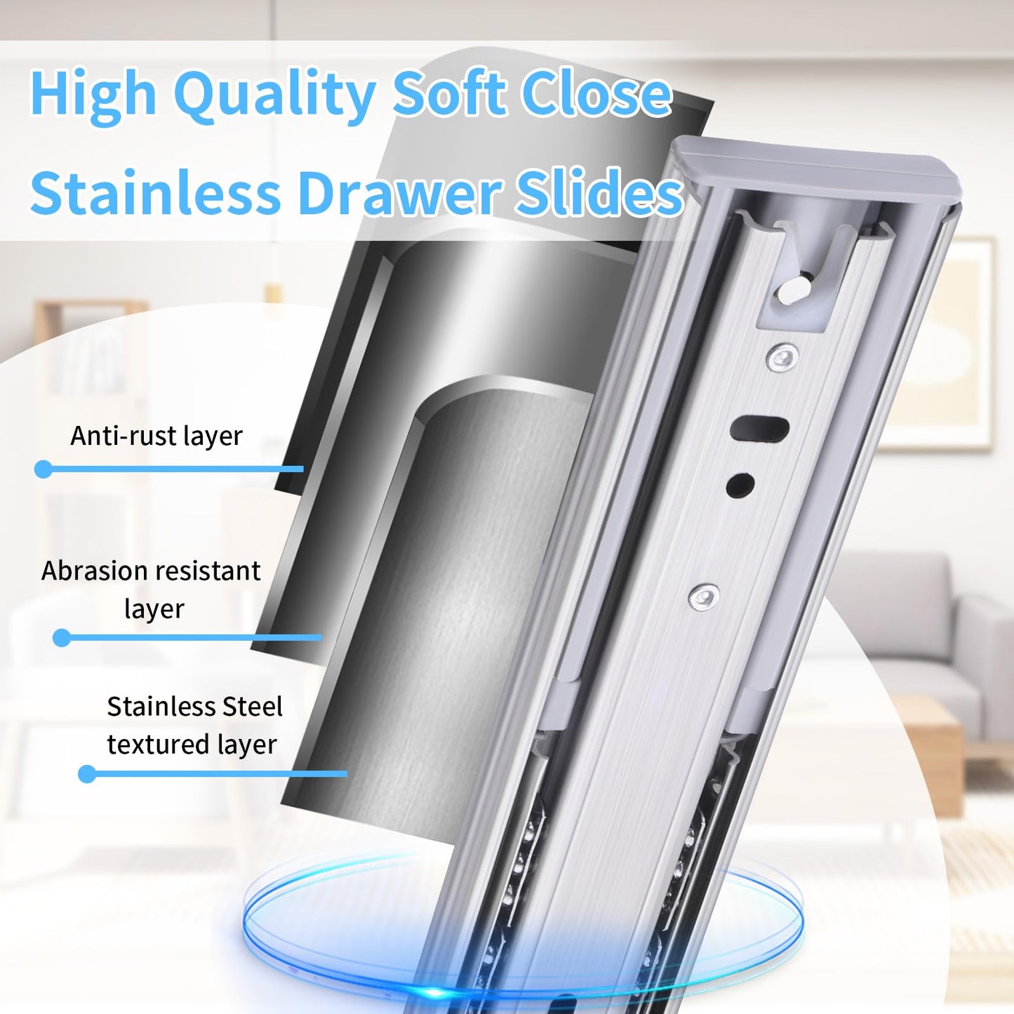 VAGUDE Soft Close Stainless Steel Drawer Slides 1 Pair Full Extension 10 12 14 16 18 20 22 24 inch Side Mount Dresser Cabinet Replacement Ball Bearing Rails Runner 100LB