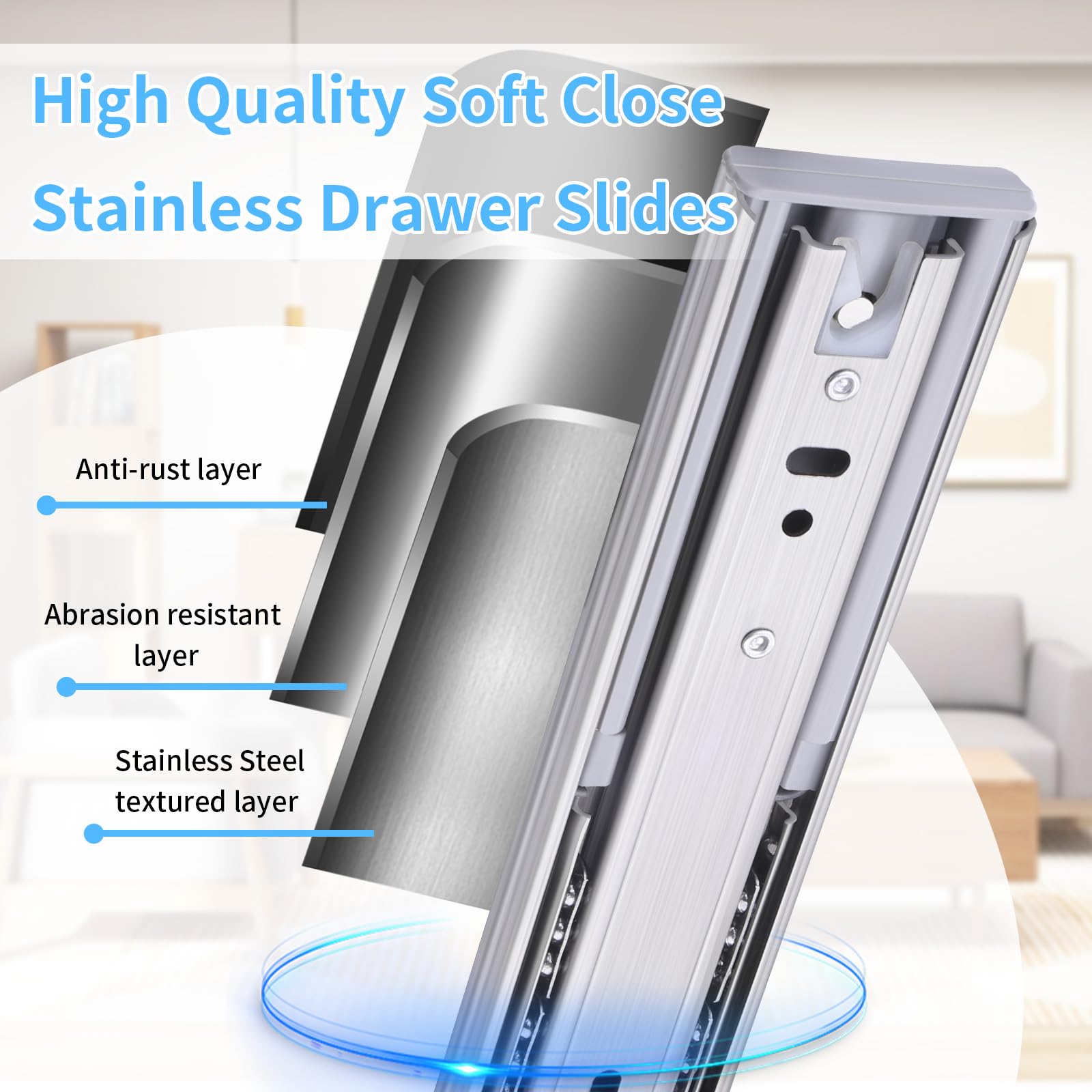 VAGUDE Soft Close Stainless Steel Drawer Slides 1 Pair Full Extension 10 12 14 16 18 20 22 24 inch Side Mount Dresser Cabinet Replacement Ball Bearing Rails Runner 100LB