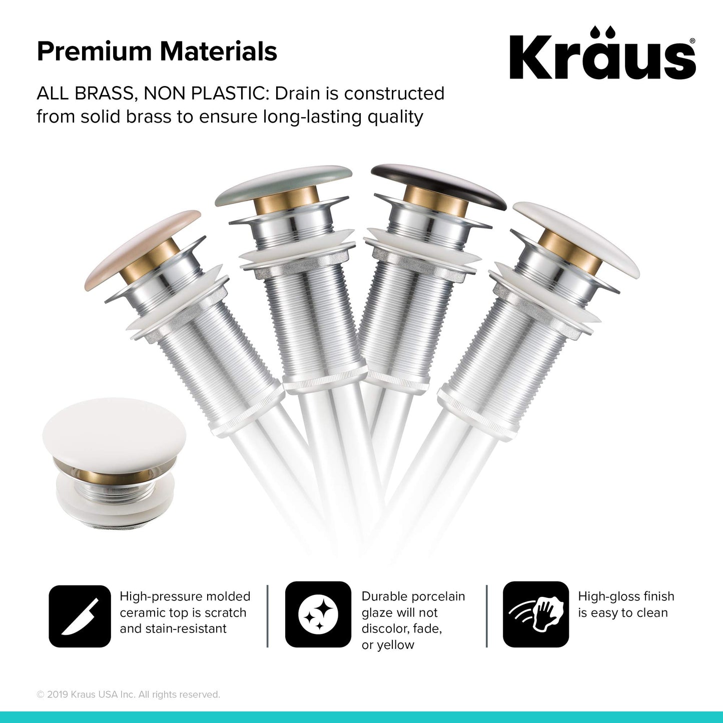 KRAUS PU-20GWH Gloss White Pop-Up Drain with Porcelain Ceramic Top for Bathroom Sink without Overflow