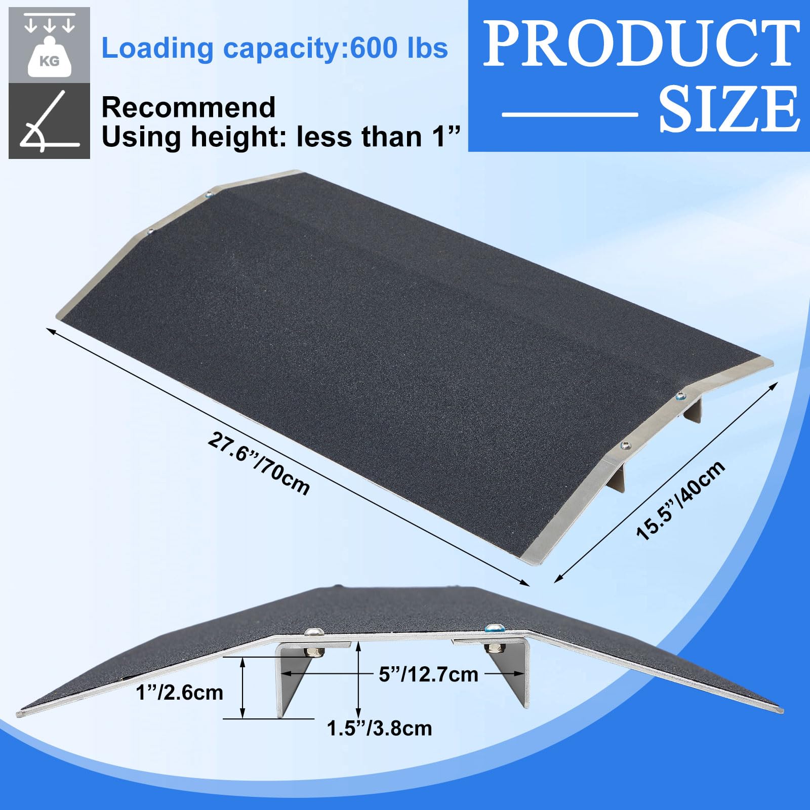 Yaocom Wheelchair Threshold Ramp 15.8 x 27.6 Inches Aluminum Alloy Bridge Ramp 600lbs with Detachable Supports Non Slip Safety Surface Door Ramps for Wheelchairs Stairs Vans Steps Doorway Driveways
