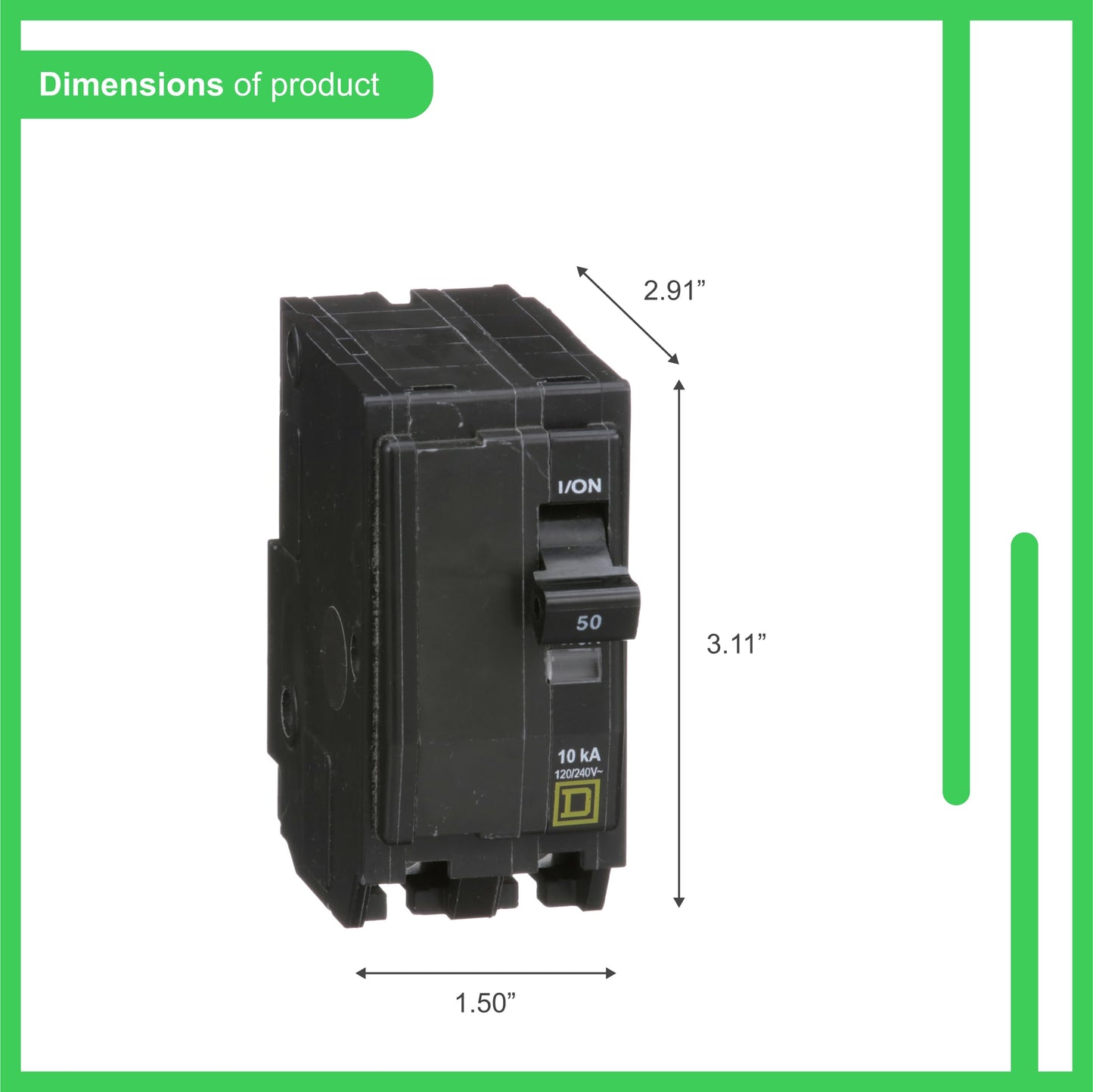 Square D by Schneider Electric Qwik Open 50 Amp Mini Circuit Breaker, 2 Pole, 120/240V AC, 10kA Breaking Capacity, Plug in Mount, Commercial and Residential Use, 5-Pack (QO250CP)