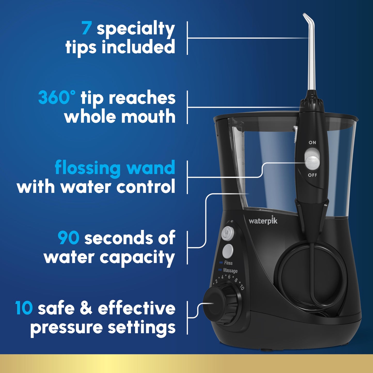 Waterpik Aquarius Countertop Water Flosser with 10 Settings, 7 Tips, Black