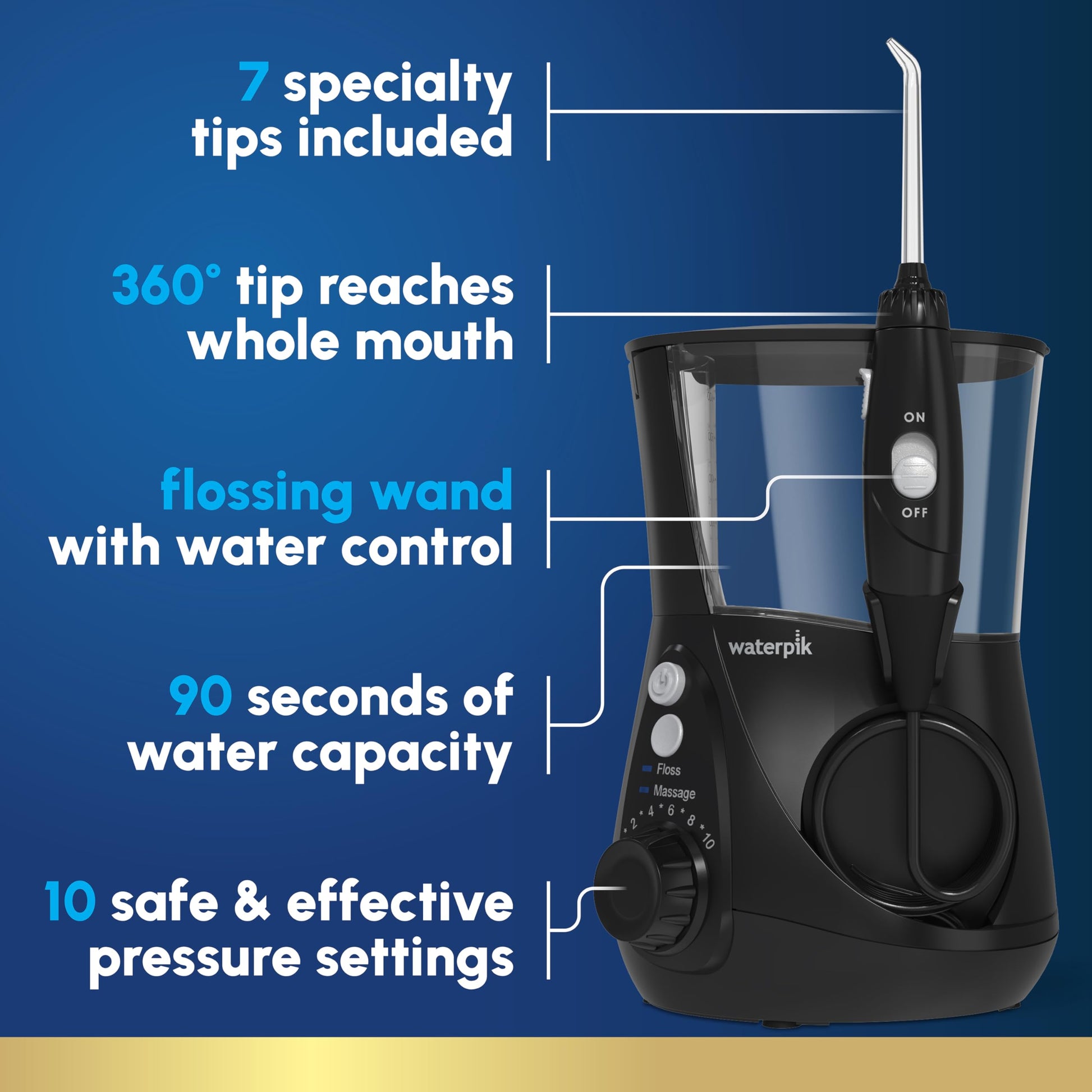 Waterpik Aquarius Countertop Water Flosser with 10 Settings, 7 Tips, Black