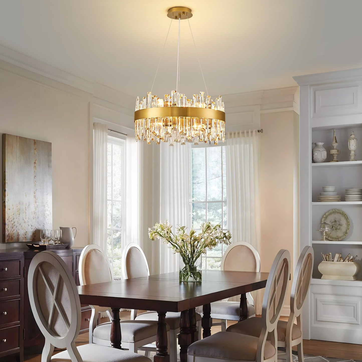 CROSSIO Modern Crystal Chandelier, 12 Lights Luxury Gold Round 2-Tiers K9 Crystal Raindrop Chandelier, Dimmable Crystal Ceiling Light for Dining Room Living Room Kitchen Entryway Foyer D19.7''