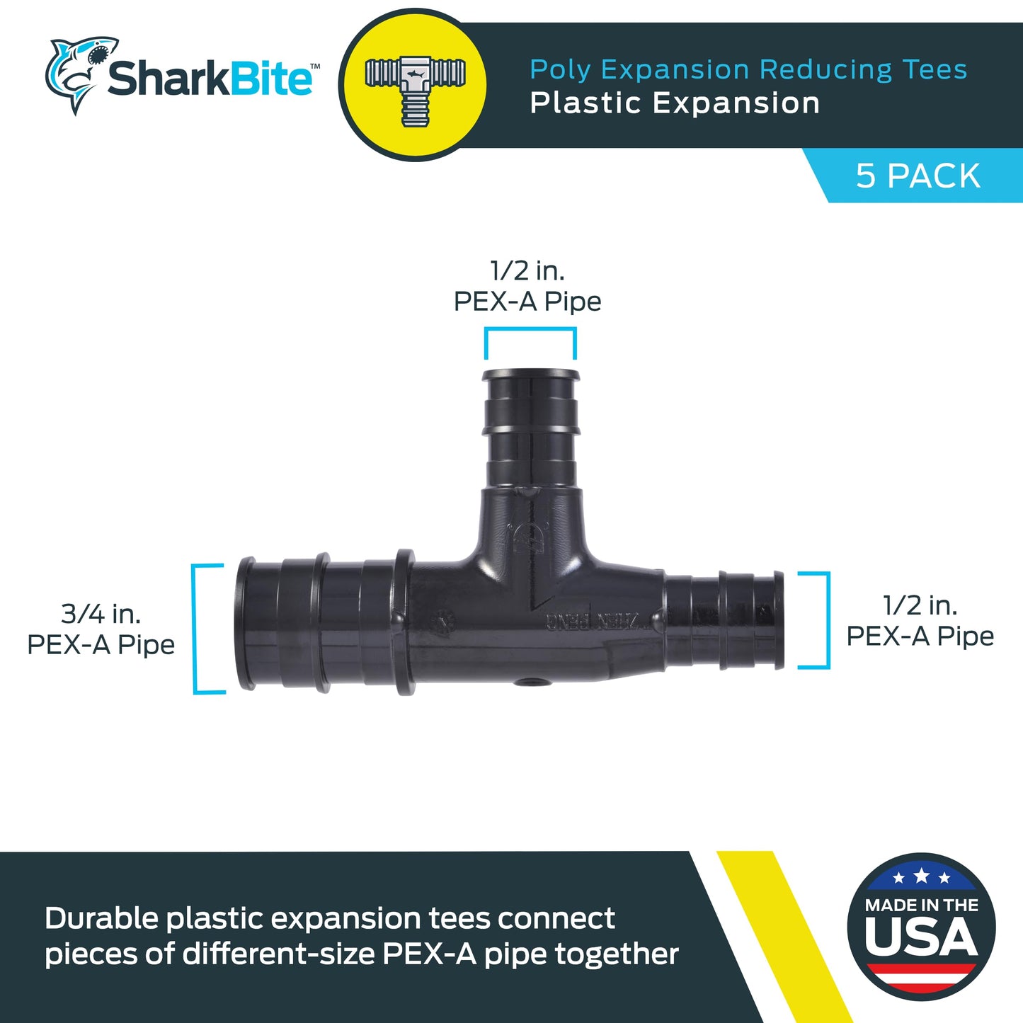 SharkBite 3/4 Inch x 1/2 Inch x 1/2 Inch Poly Expansion Reducing Tee for PEX-A Pipe, Pack of 5, Plastic Plumbing Fittings, Reducing Tee for PEX-A Tubing, UA454A5