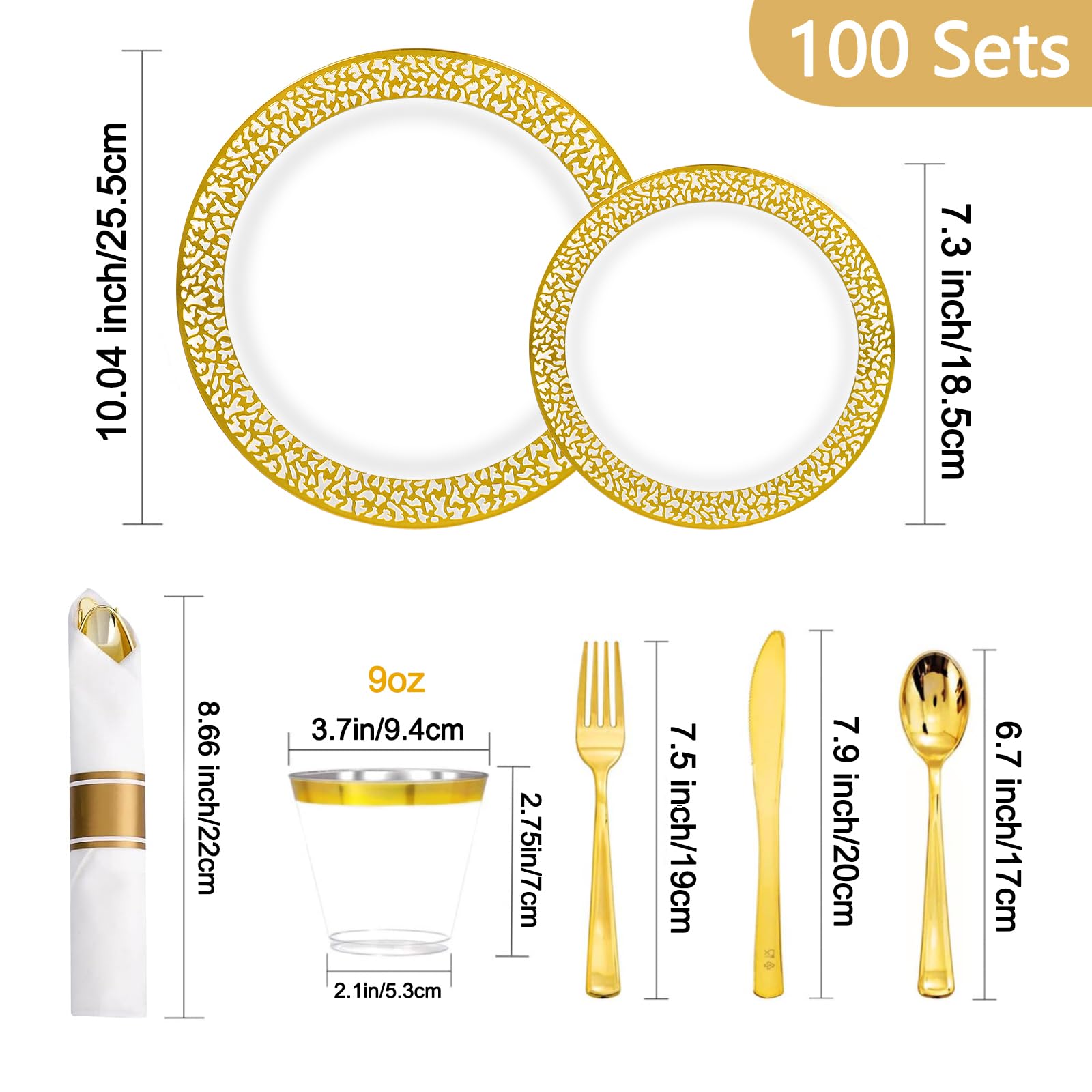 Sylans 700PCS Gold Lace Disposable Dinnerware Set for 100 Guests, Plastic Plates Set Heavy Duty elegant Include 200 Dinner Dessert Plates, 100 Rolled Napkins Silverware, 100 Cups for Party & Wedding