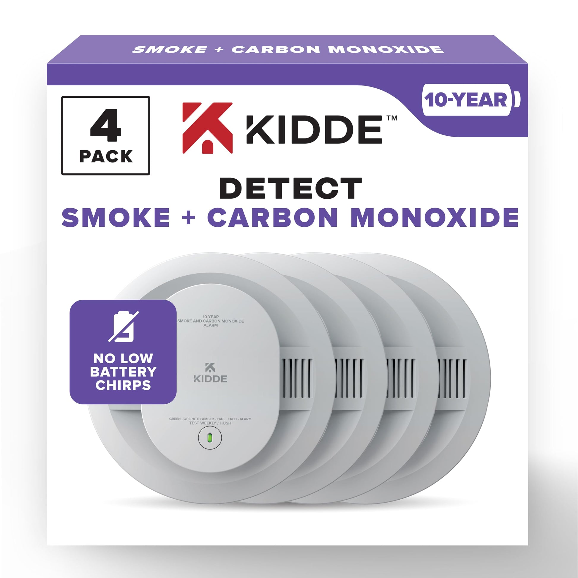 Kidde Smoke & Carbon Monoxide Detector, 10-Year Battery Powered, LED Warning Light Indicators, 4 Pack - OPEN BOX