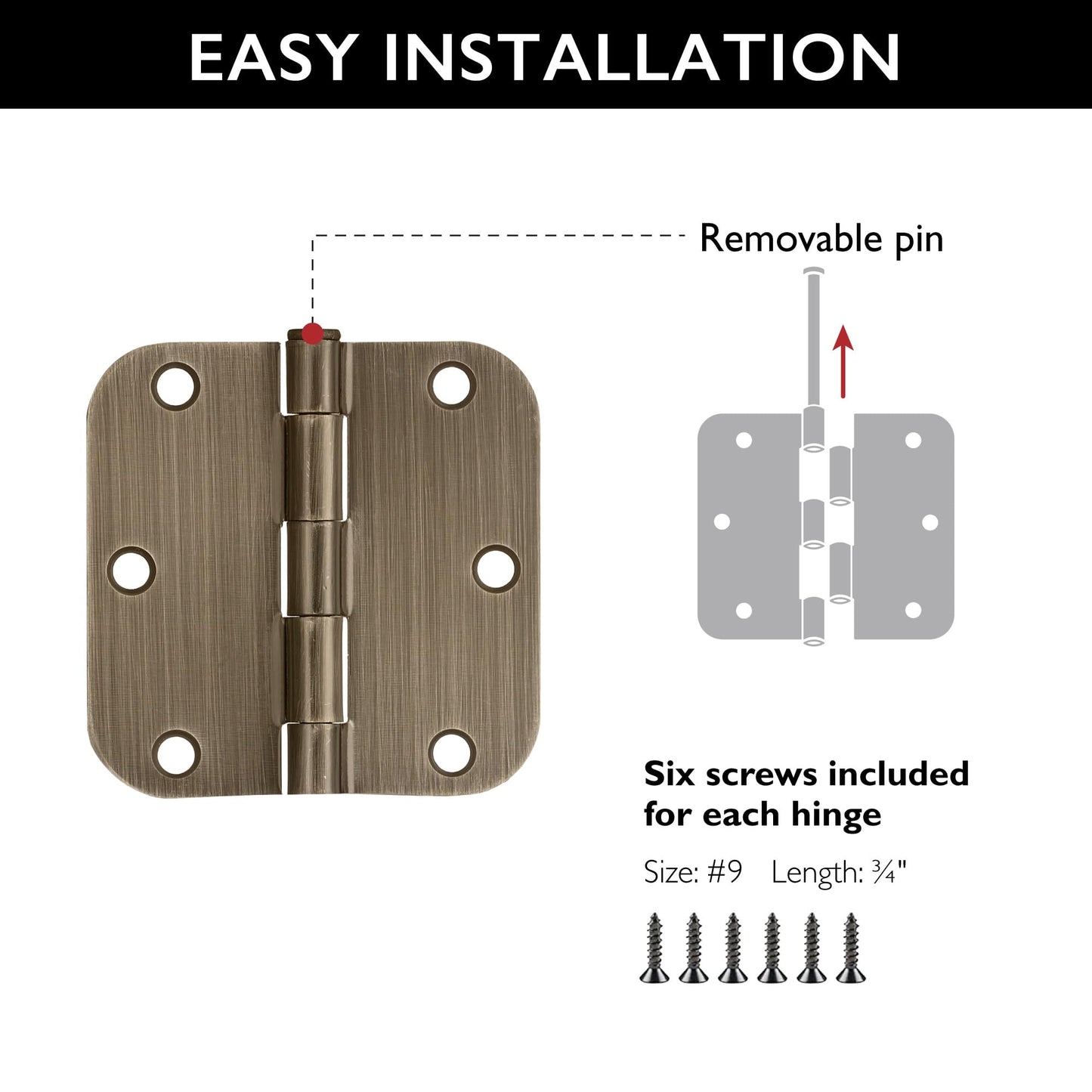 Door Hinges for Interior Doors, 12-Pack, 3.5-inch x 3.5-inch – Rounded 5/8-inch Radius Steel Door Hinge – Antique Brass – Fits Standard Doors – Design House 189753