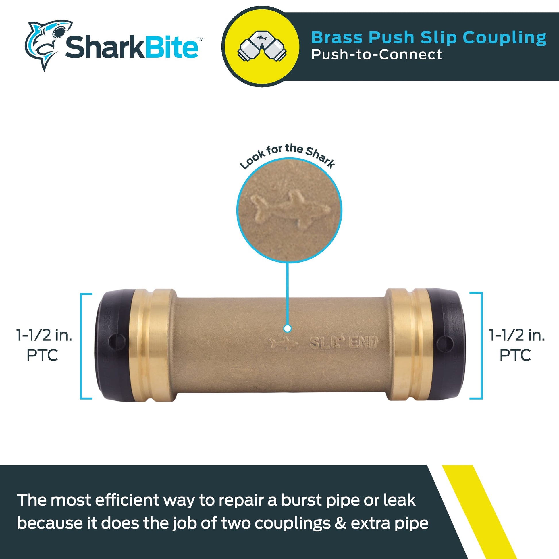 SharkBite 1-1/2 x 1-1/2 in Slip Coupling, Push-to-Connect Brass Plumbing Fitting, UXL0641