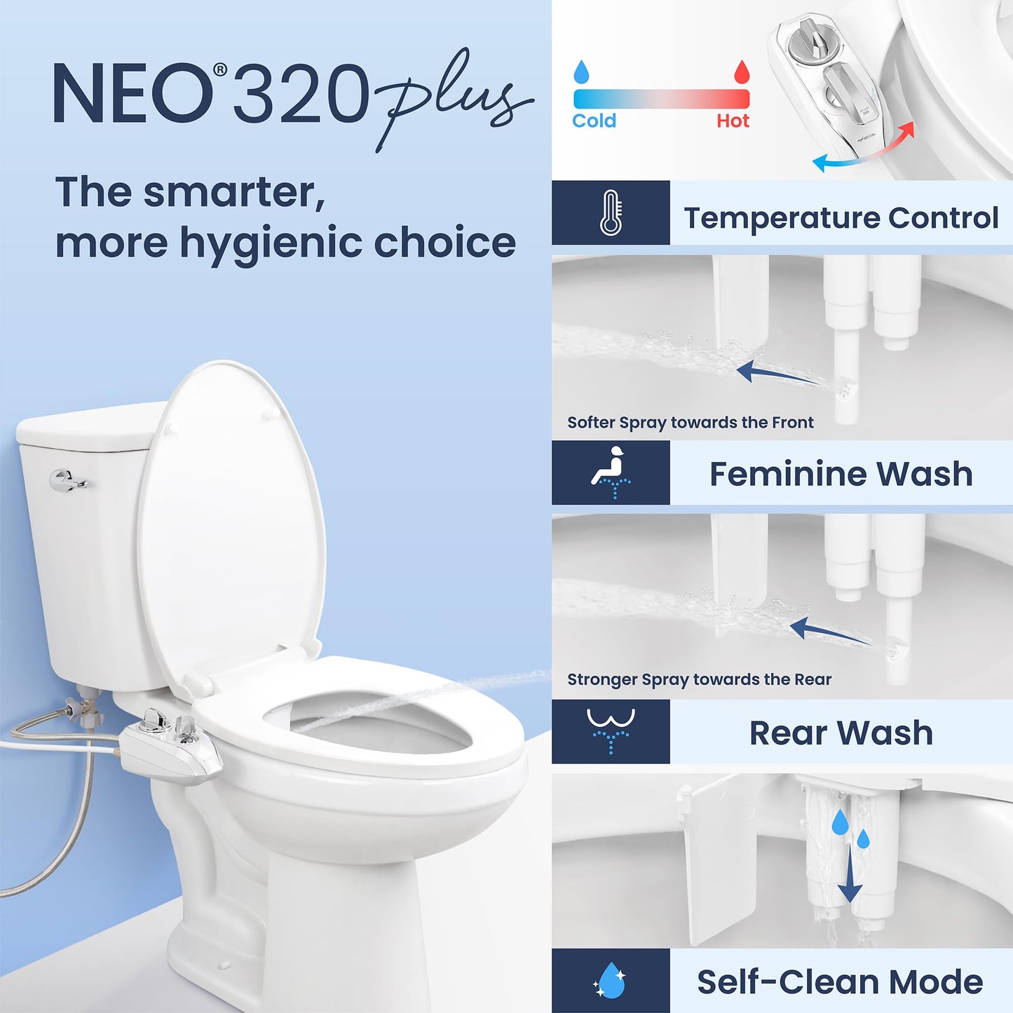 LUXE Bidet NEO 320 Plus - Warm Water, Dual Nozzle, Non-Electric Bidet Attachment for Toilet Seat, Patented Slide-In Install, 360° Self-Clean, EZ-Lift to Clean, Feminine & Rear Wash (Rose Gold)