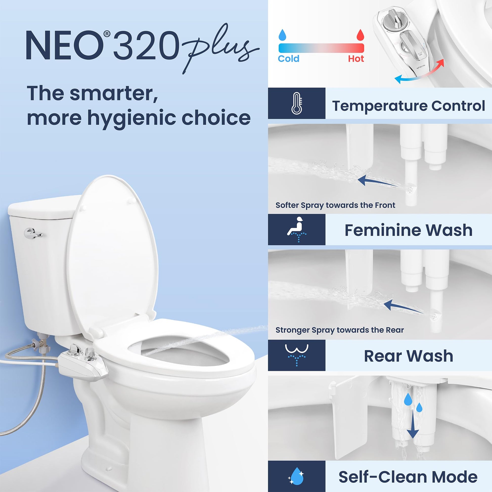 LUXE Bidet NEO 320 Plus - Warm Water, Dual Nozzle, Non-Electric Bidet Attachment for Toilet Seat, Patented Slide-In Install, 360° Self-Clean, EZ-Lift to Clean, Feminine & Rear Wash (Rose Gold)