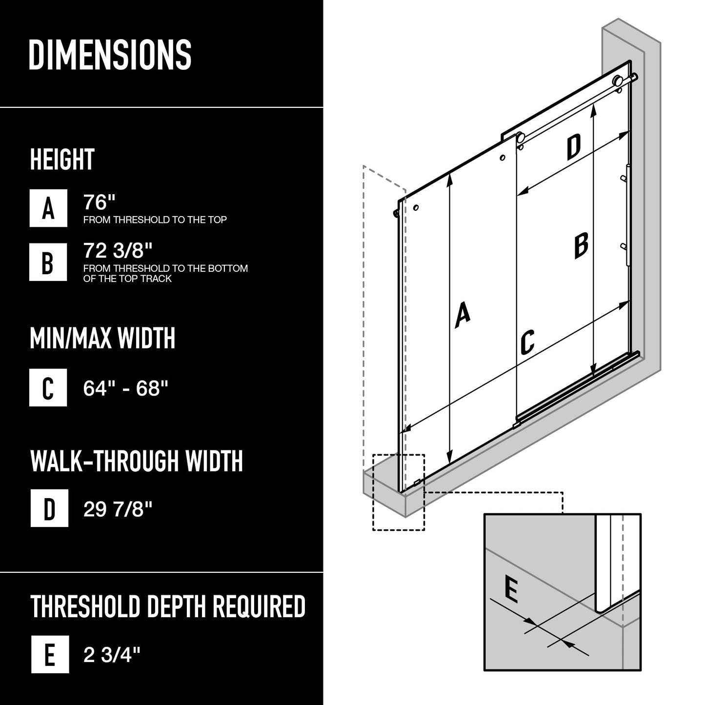 VIGO Elan E-Class 64 to 68 in. W x 76 in. H Sliding Frameless Shower Door in Matte Black with 3/8 in. Clear Glass-VG6021MBCL6876