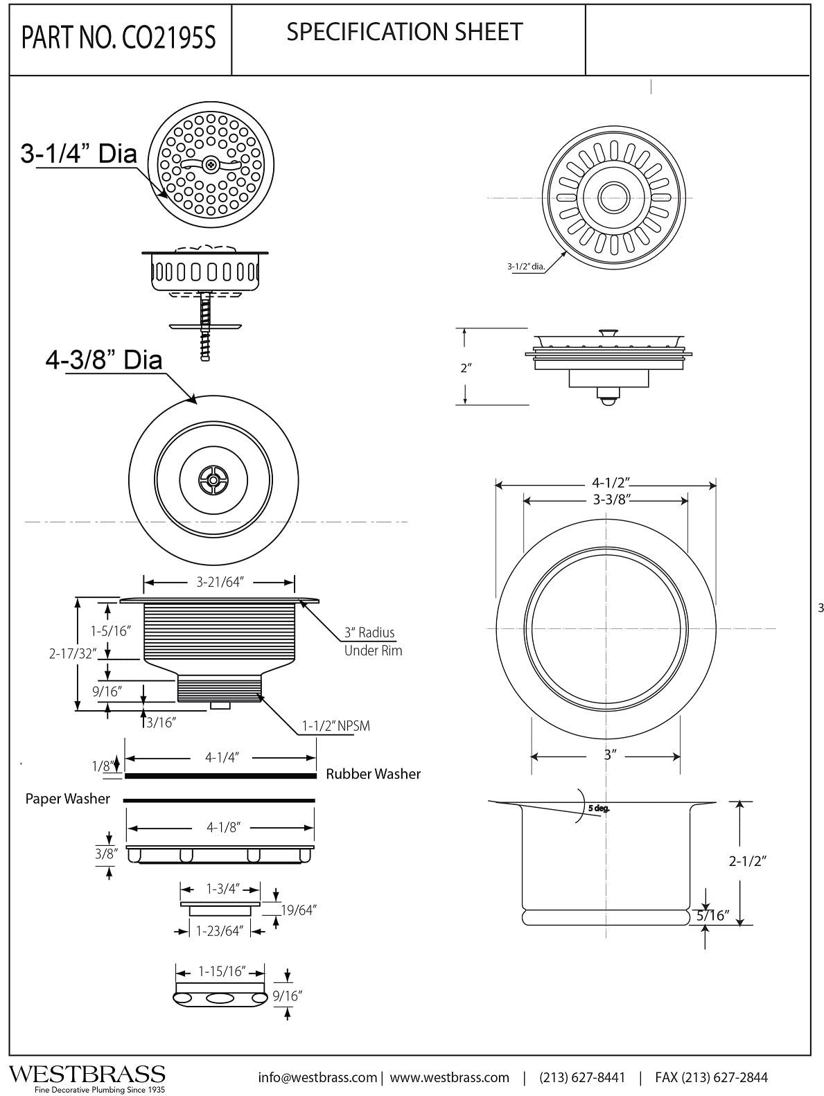 Westbrass CO2195S-01 Combo Pack 3-1/2" Wing Nut Twist Style Large Kitchen Sink Basket Strainer and Extra-Deep Collar Kitchen Sink Waste Disposal Flange with Strainer Stopper, Polished Brass