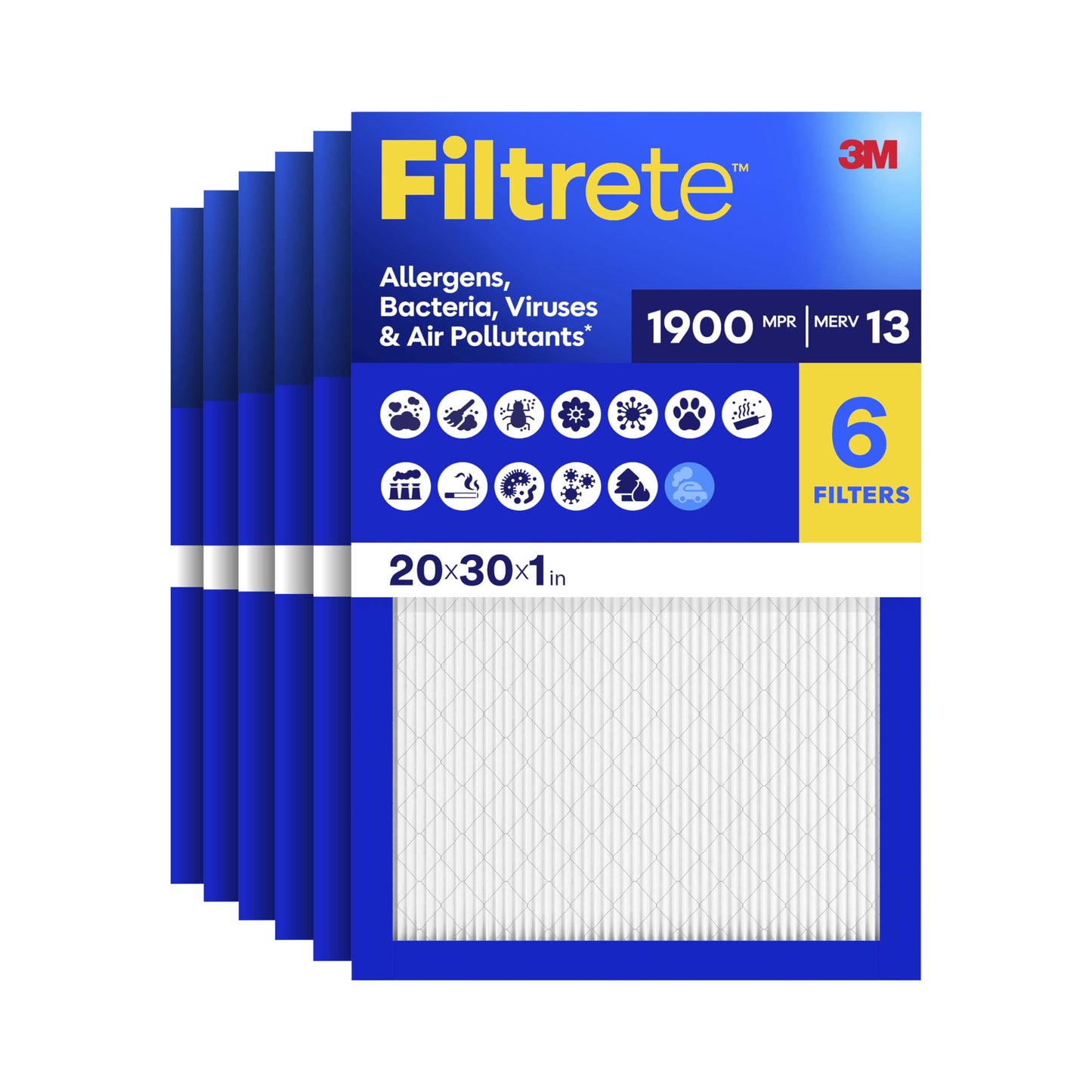 Filtrete 20x30x1 Air Filter, MERV 13 MPR 1900, Allergens, Bacteria, Viruses & Air Pollutants, 3-Month AC/Furnace Filters, Cleaner Air Reliable Airflow, 6 HVAC Filters(Act Size 19.62x29.62x0.78 in)