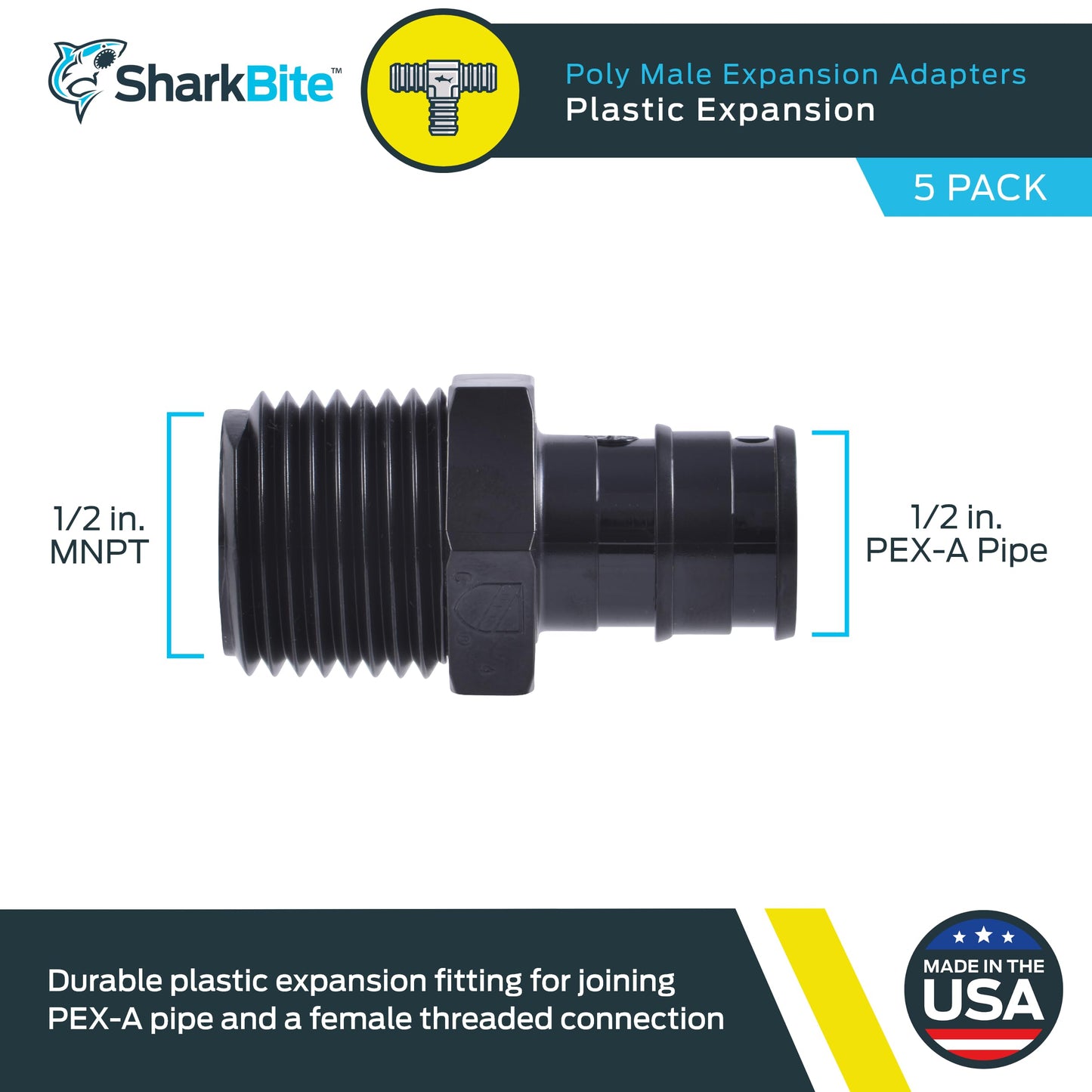 SharkBite 1/2 x 1/2 Inch Poly MNPT Expansion Adapter for PEX-A Pipe, Pack of 5, Plastic Plumbing Fittings, Male Adapter for PEX-A Tubing, UA120A5