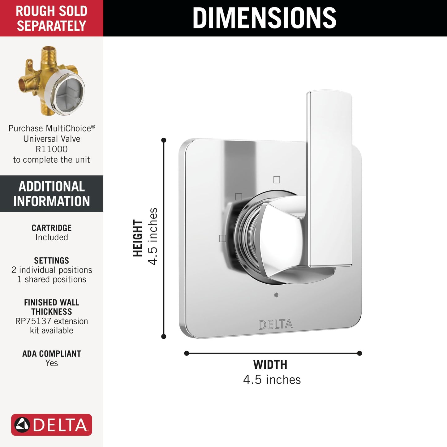 Delta T11837 Velum Three Function Diverter Valve Trim Less Rough-In Valve - Two Independent Positions, One Shared Position - Chrome